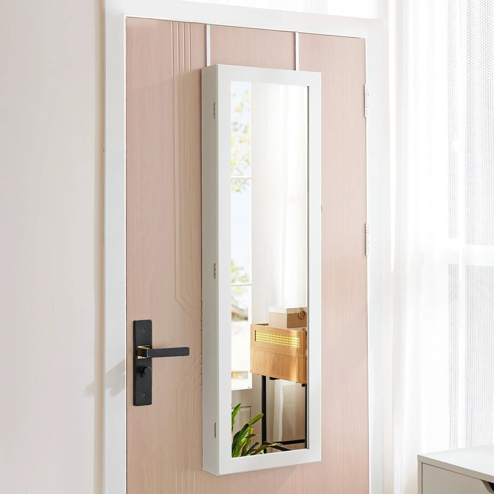 White Wood Wall or Door Mounted 14 in. W Lockable Jewelry Armoire with Full Length Mirror