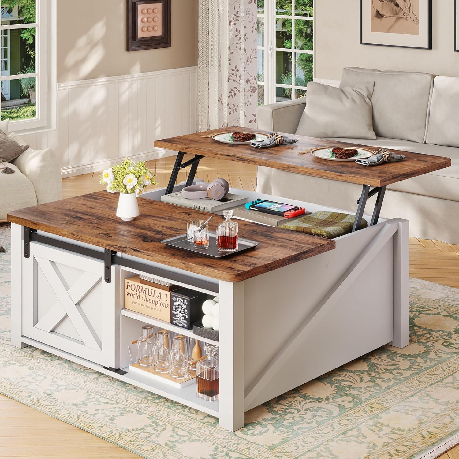 SEDETA 31.5 Lift Top Coffee Table with Storage, Square Coffee Tables for Living Room, Farmhouse Coffee Table with Large Hidden Storage Compartment and Adjustable Shelves, White