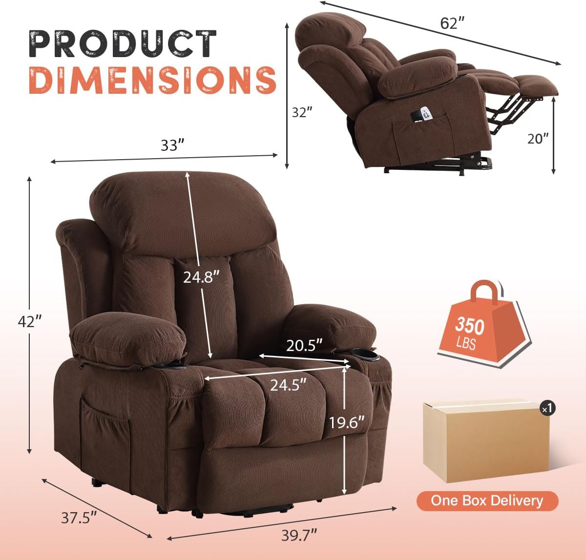 BOSMILLER Power Lift Recliner Chair with Massage and Heat for Elderly, Electric Recliner Single Sofa with Two Cup Holders, Extended Footrest, Side Pocket and USB Charge Port for Living Room
