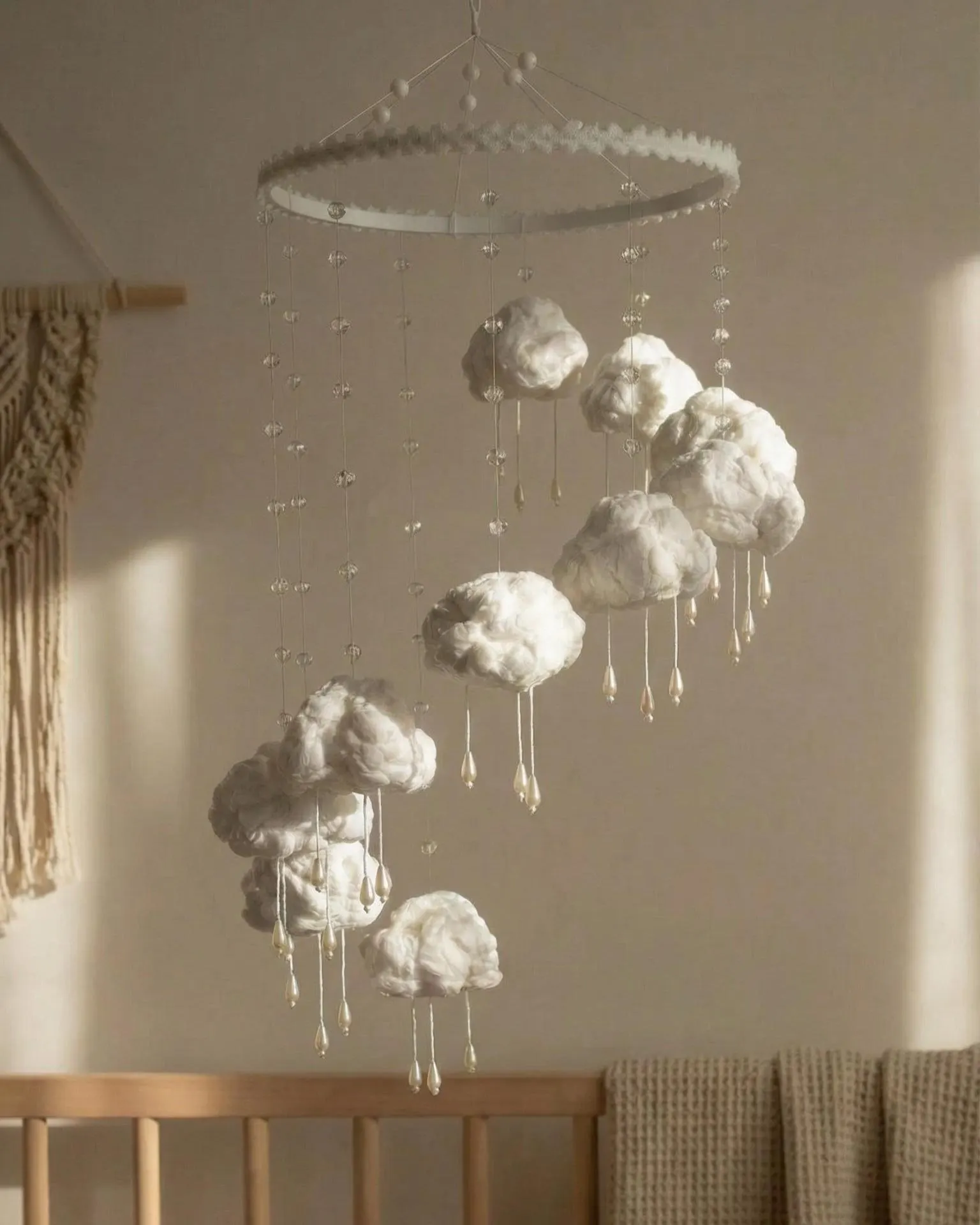 White Сloud Rain Baby Mobile with Crystal Drop Beads: Neutral Scandinavian Nursery Crib Decor