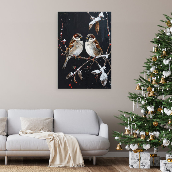 Obraz do salonu sypialni biura, Wróble ptaki siedzące na gałęzi 20x30