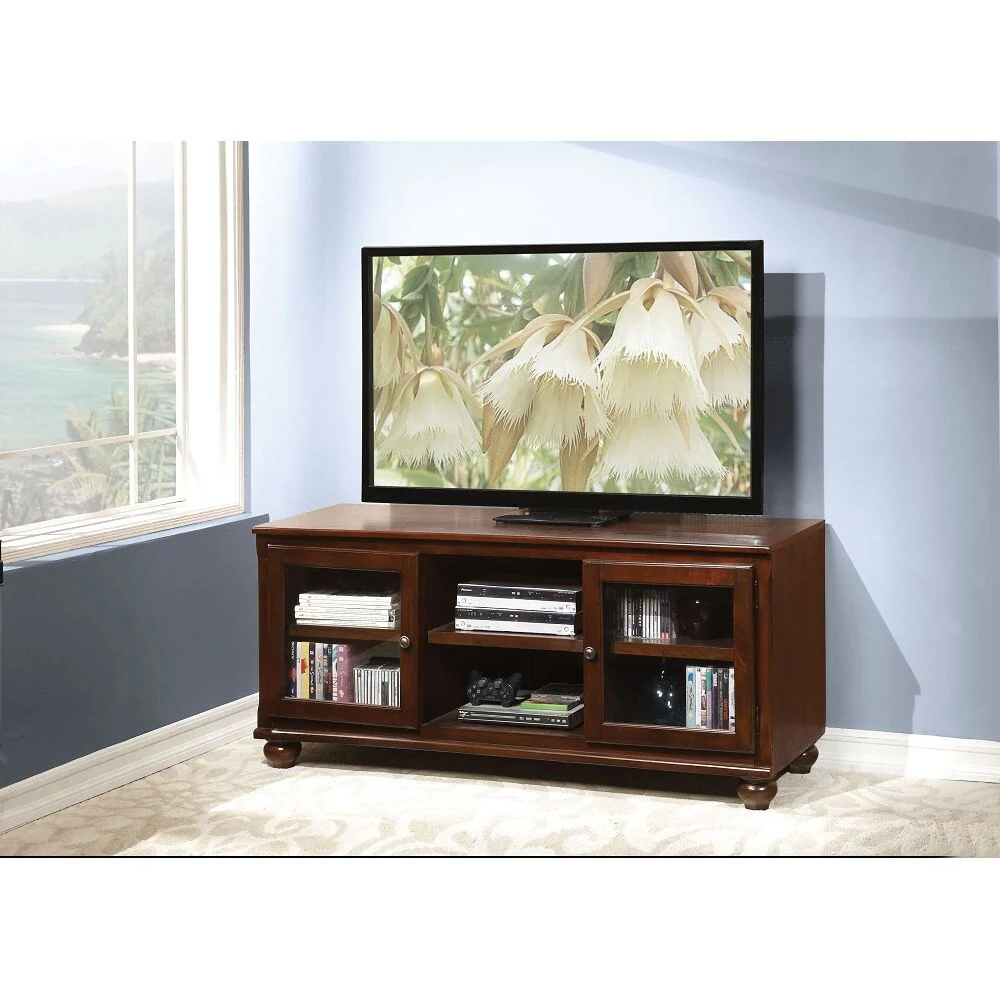 Walnut 58 TV Stand with 2 Glass Doors and 2 Media Compartments for TVs Up to 59