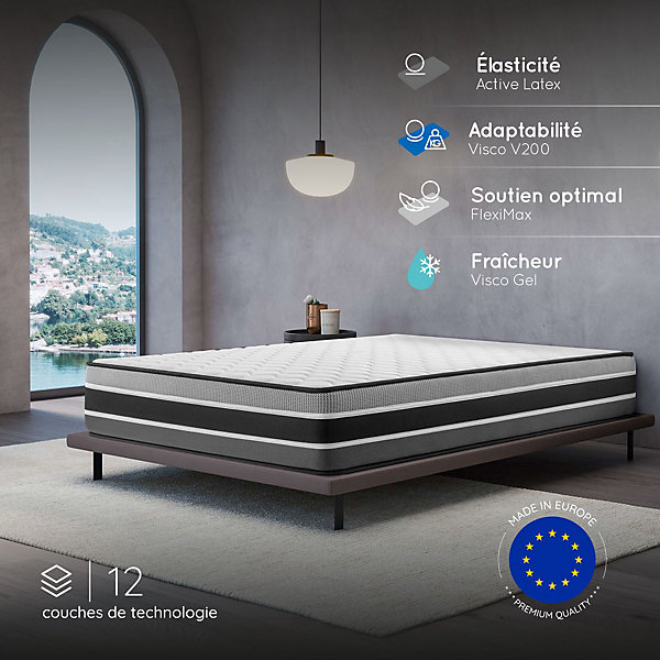 Matelas 140x190 - Très épais 30 cm - Mousse à Mémoire de Forme - Blue Latex - Mousse HR - 7 zones - Réversible - Ferme - Felis