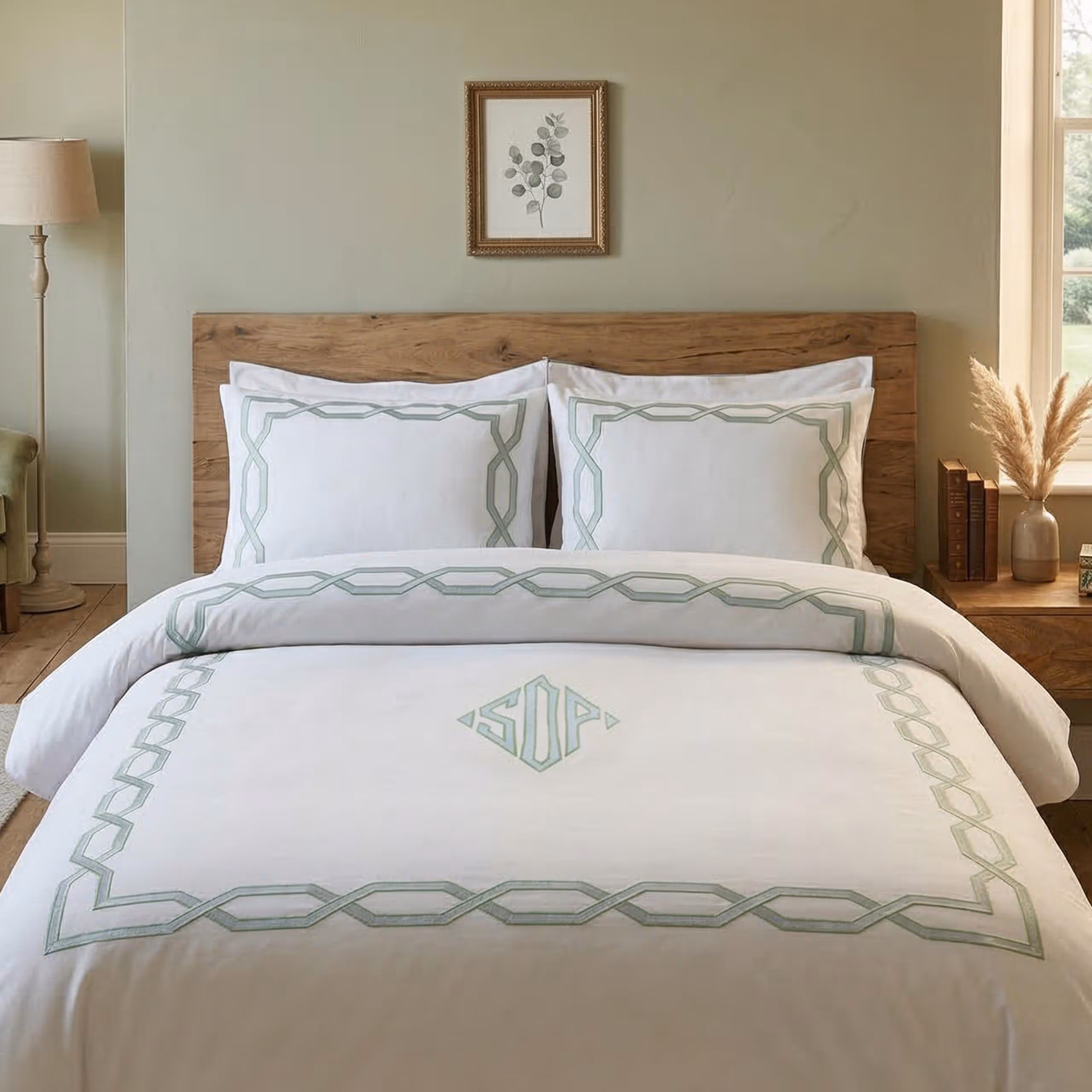 Monogram Luxury 400TC White Cotton Duvet Cover Set with Embroidered Trellis | Personalized Custom Embroidered Bedding in US, UK, EU Sizes