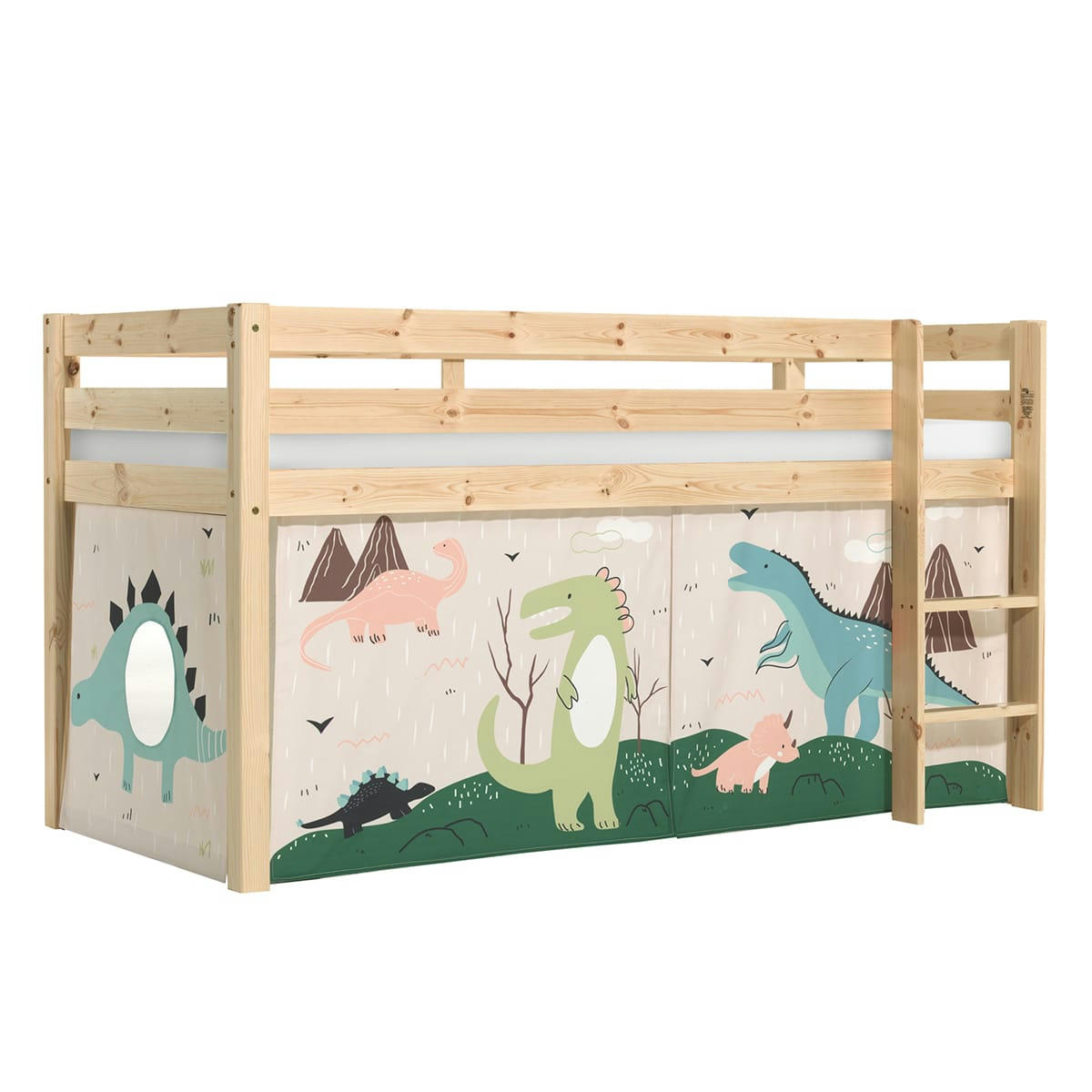 PINO - Lit mi-hauteur 90x200 sommier inclus housse dino naturel