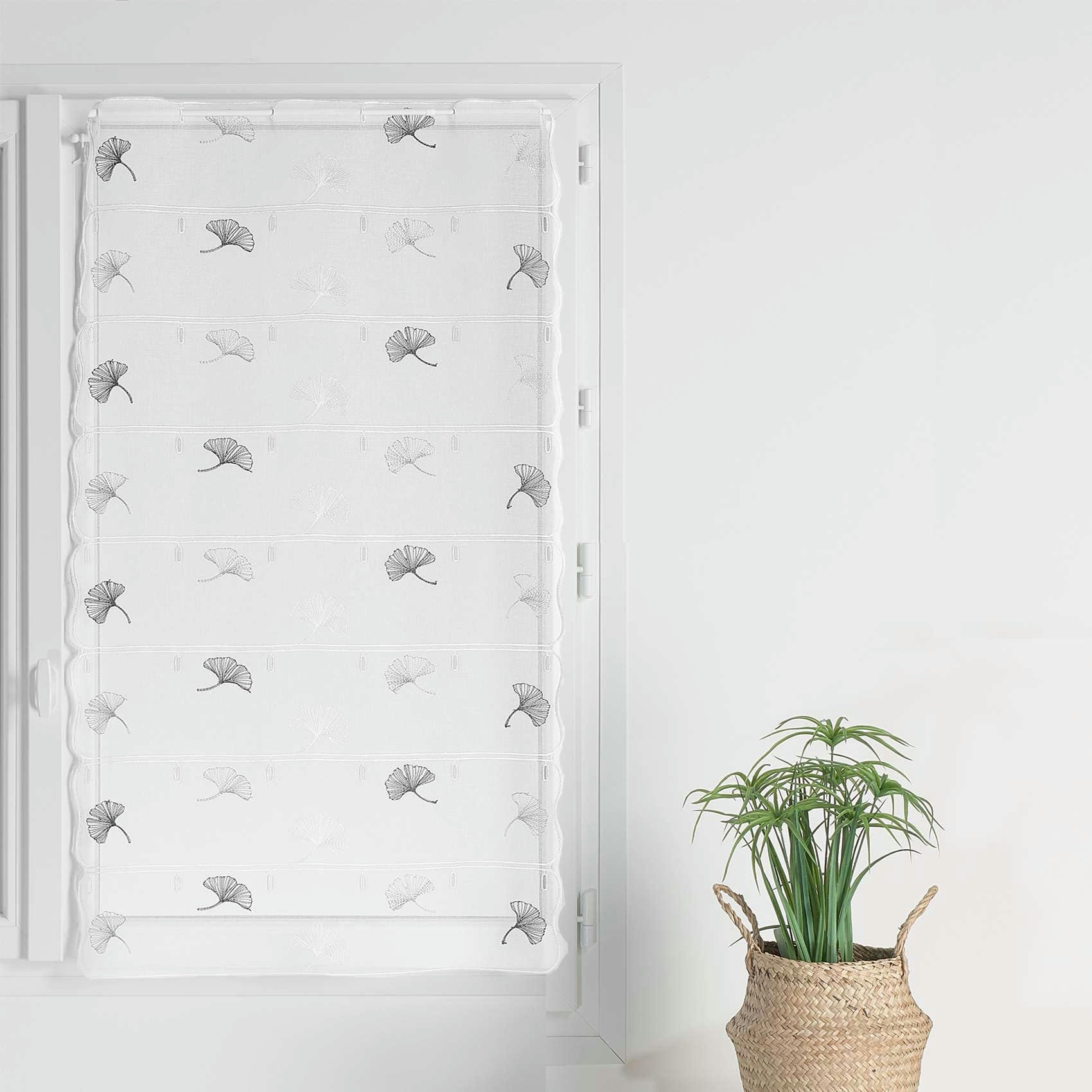 - Vitrage droit brodé feuilles de gingko polyester gris clair 90x120 cm