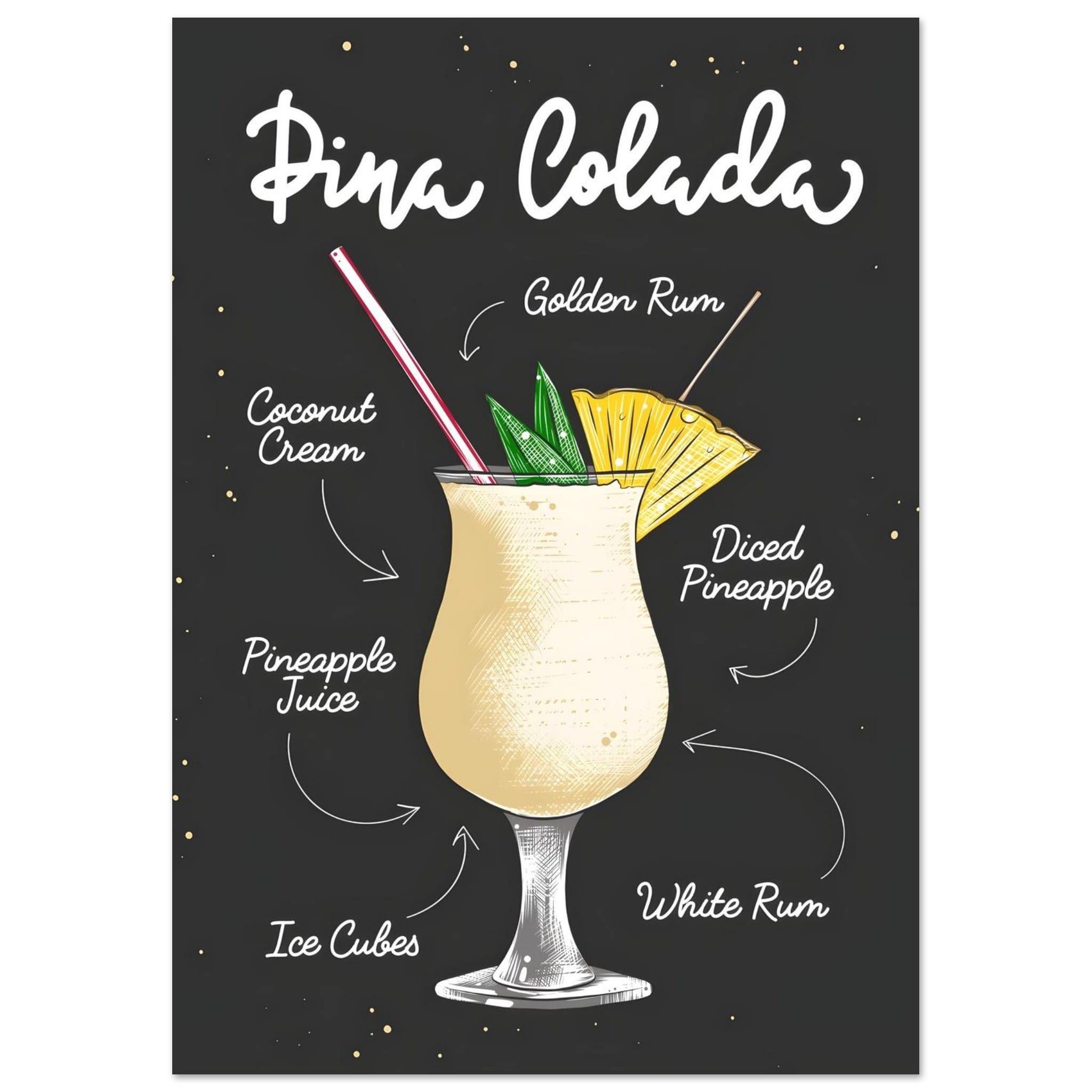 Artfulprints Piña Colada cocktail – Illustratie  poster A4 21x29.7 cm