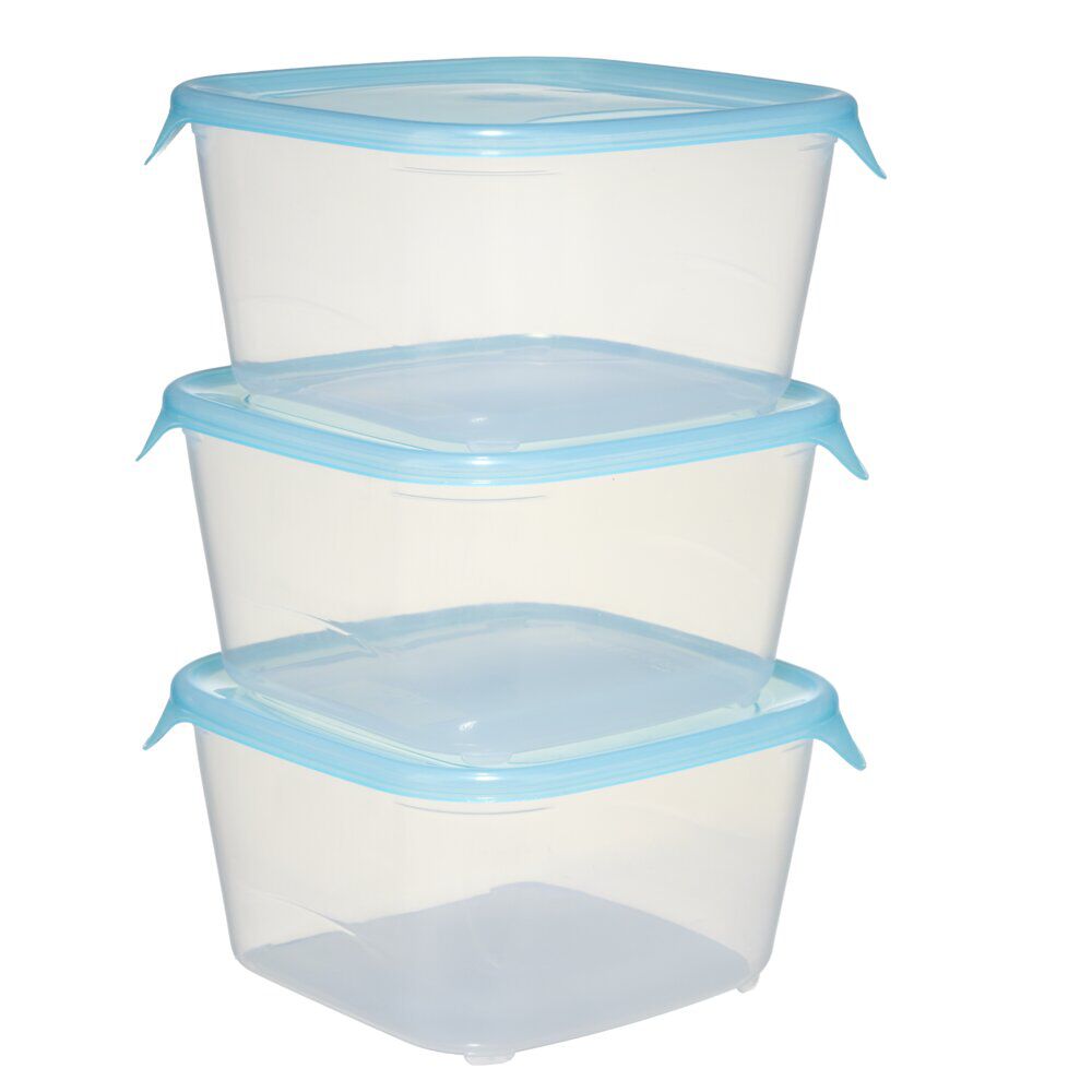 BoÎte alimentaire 1,2L x3 Fresh Go carré plastique transparent et bleu 15,5x15,5cm