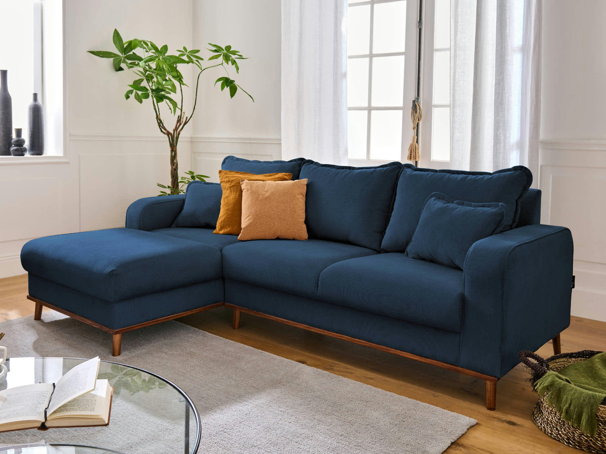 BILLIE - Canapé d'angle gauche 4 places en velours côtelé bleu ardoise