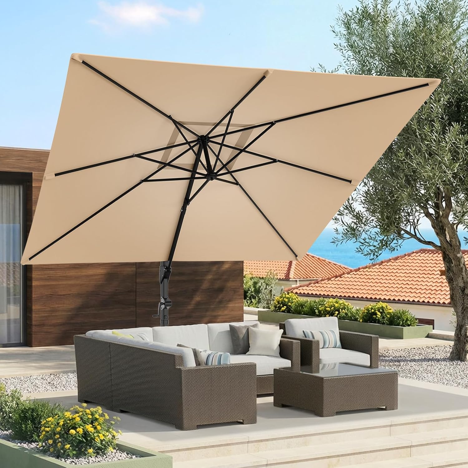 HOMSHADE 10x10 FT Cantilever Patio Umbrella Outdoor with Base- Large Offset Heavy-Duty Aluminum Umbrella with 360° Rotation, 6 Tilts, Windproof, 3-Year Fade Resistance for Pool Deck, Square, Beige
