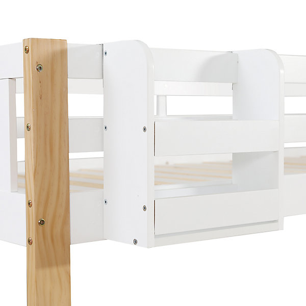 Lit superposé 90x200 cm avec échelle 3 marches, barrière de sécurité, tiroirs MDF, cadre pin blanc,naturel