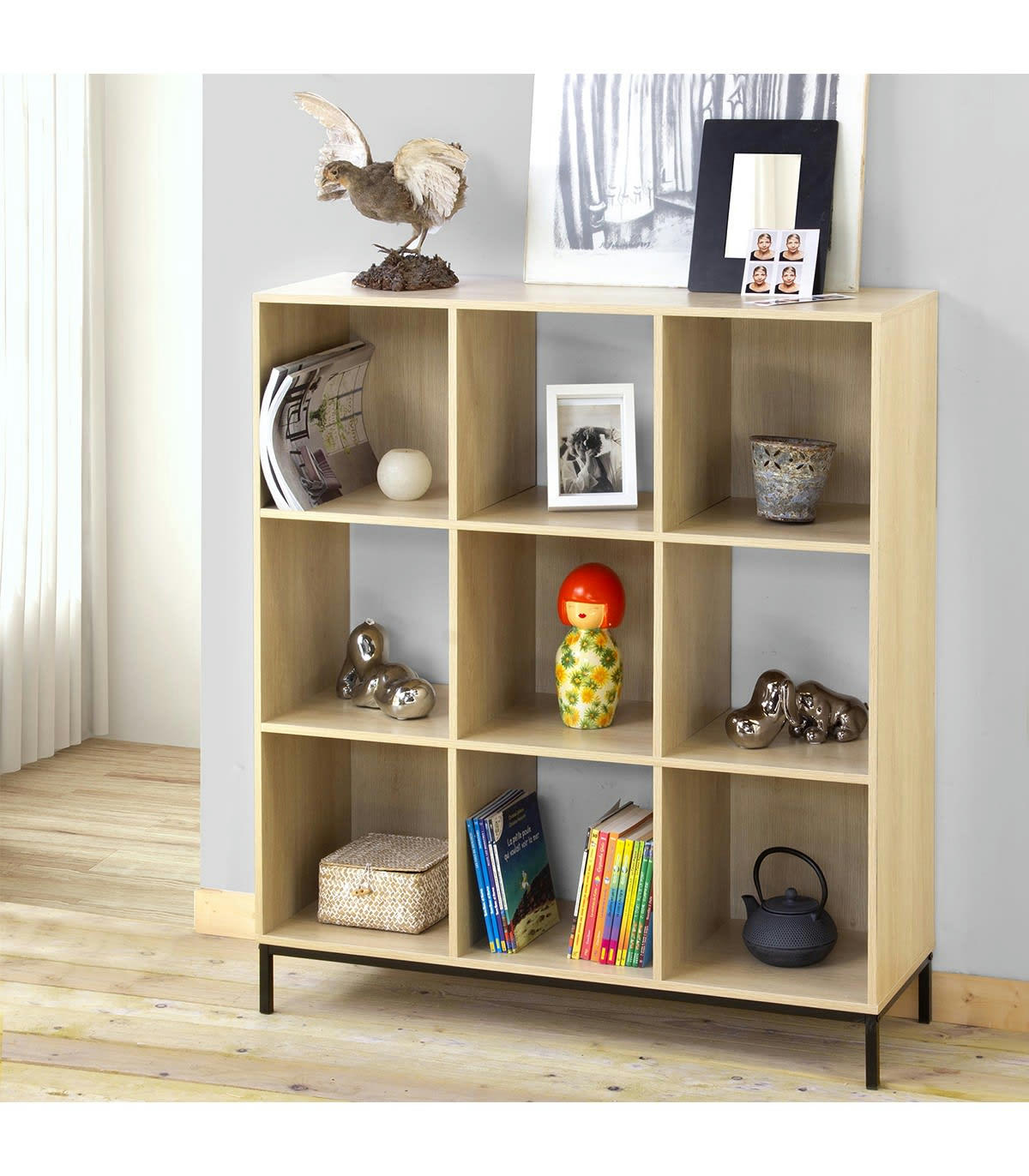 - Etagère de rangement 9 cases avec pieds métal - Marron