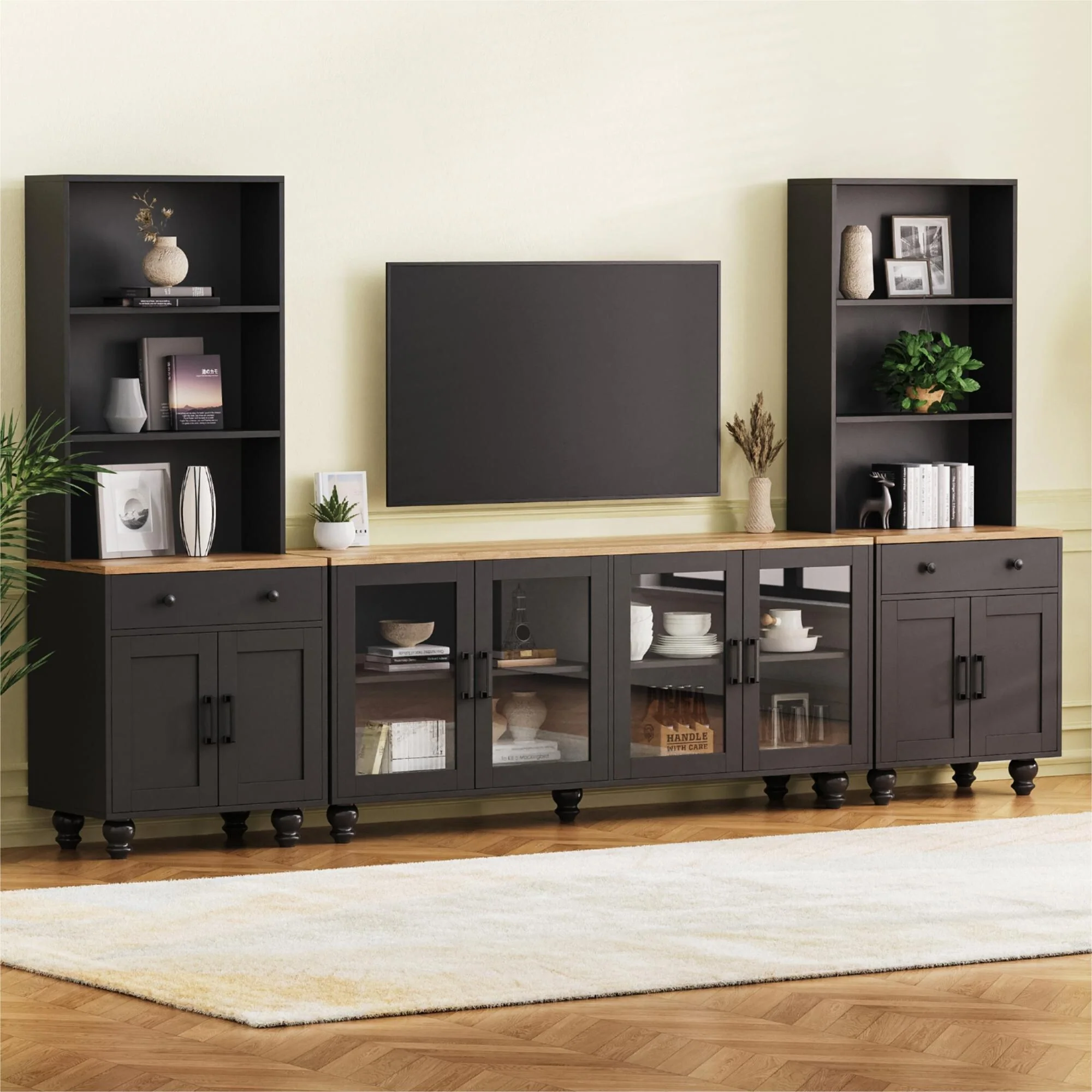 Farmhouse TV Stand with Solid Wood Legs for TVs Up to 70, Large Media Console Table with Bookshelves & Glass Doors