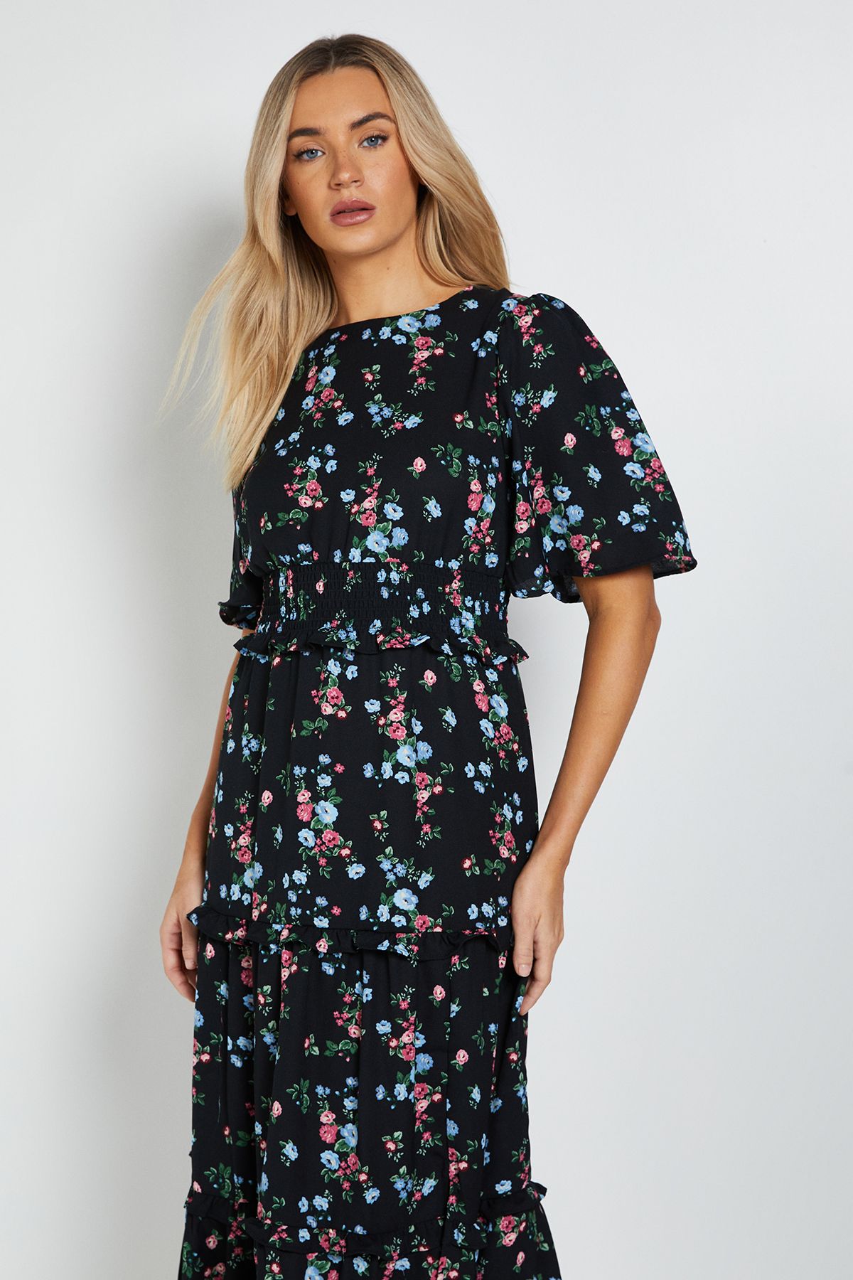 Dorothy Perkins Black Ditsy Shirred Waist Angel Sleeve Tiered Maxi Dress