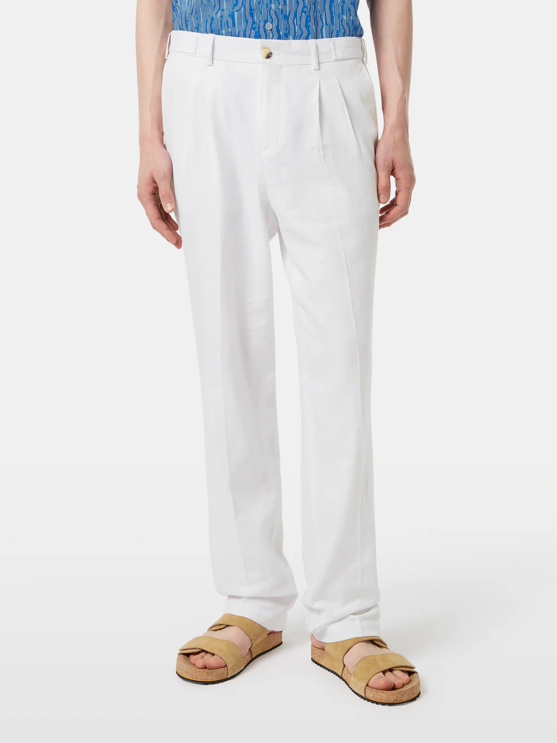 Pleated Relaxed Straight Cotton-Linen Twill Chino