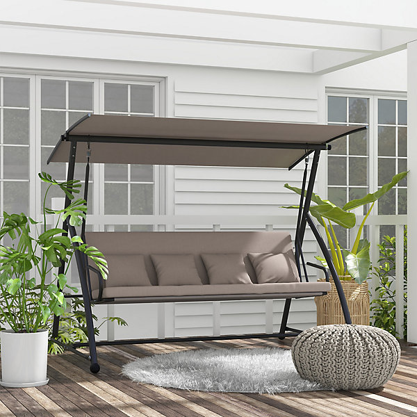Balancelle de jardin 3 places convertible réglable - coussin assise dossier   4 oreillers - dim. 218 x 120 x 168 cm - taupe