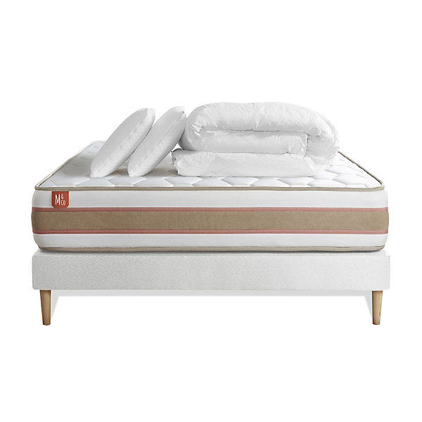 Pack sommier kit matelasRessorts ensachés et mémoire de forme avec couette et oreillers