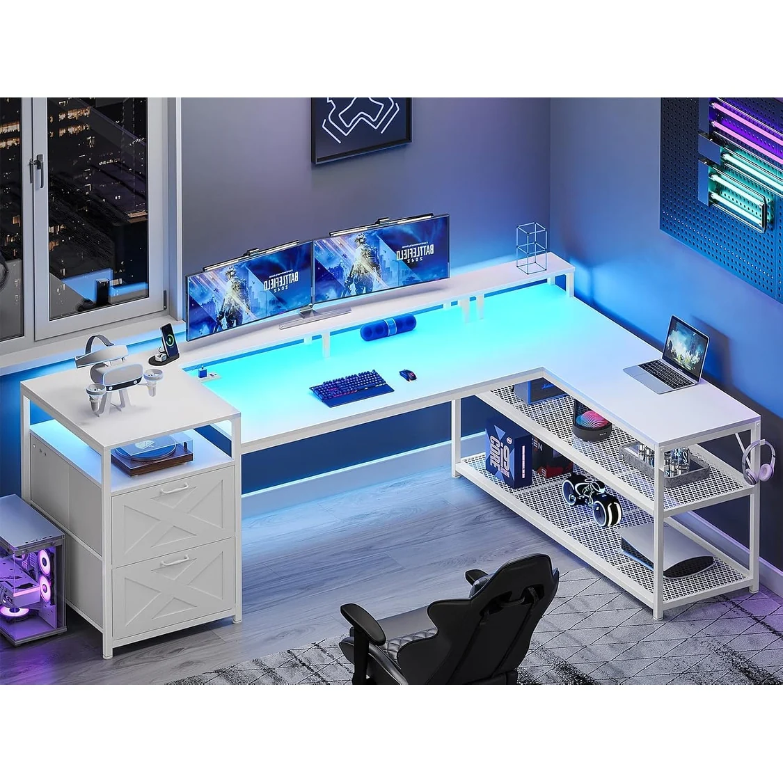 67 L Gaming Shaped Desk Storage Shelves Power Outlet 2 Drawers