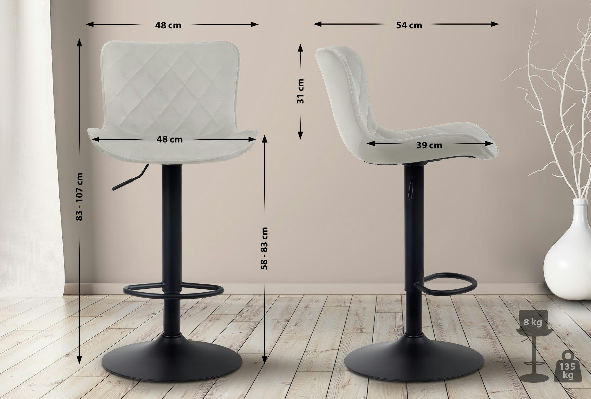 EMMA - Lot de 2 tabourets de bar ajustables pivotants velours Crème