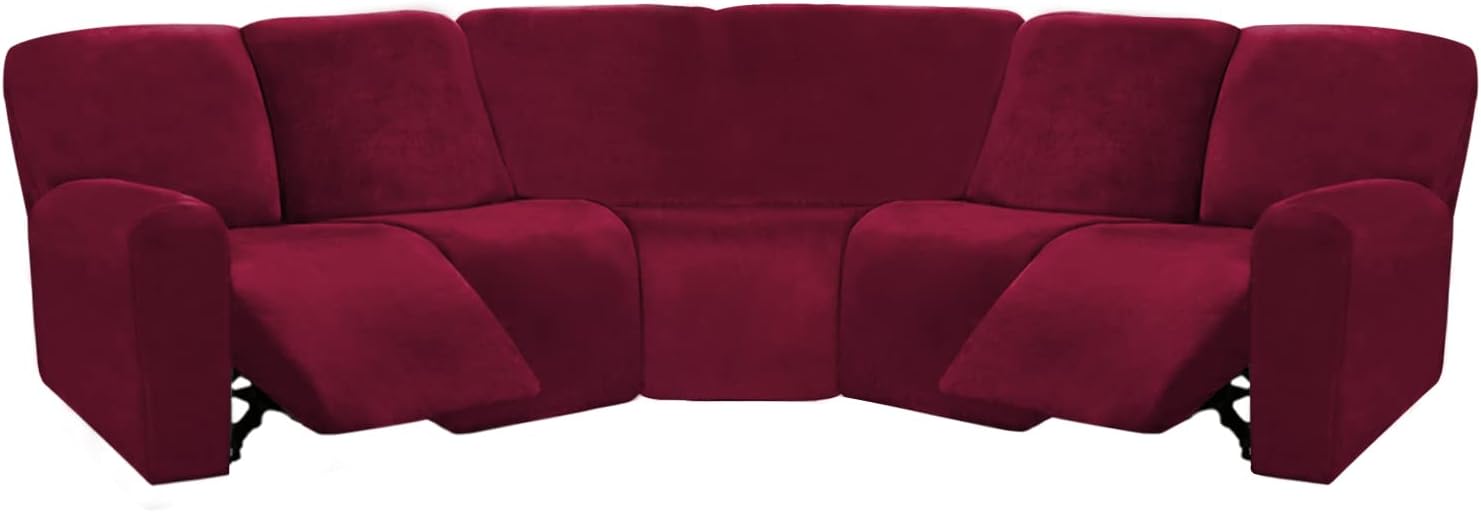 ULTICOR 7-Piece L Shape Sectional Recliner Sofa Covers, Velvet Stretch Reclining Couch Covers for Reclining L Shape Sofa, Thick, Soft, Washable (Burgundy - Wine, L Shape 5 Seat Recliner Cover)