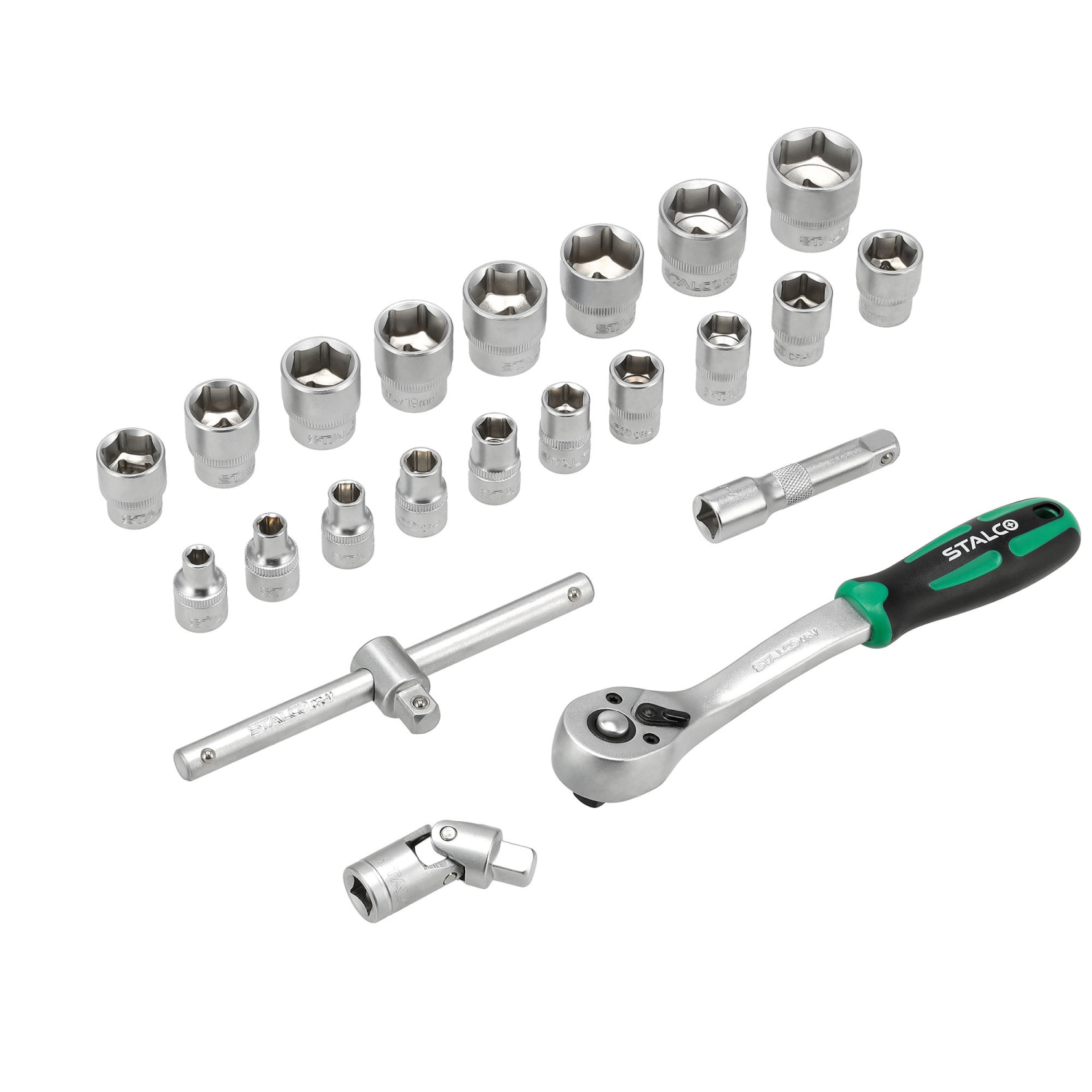 Zestaw kluczy nasadowych 3/8” 6-24mm 22elem. 72T CrV wkład EVA STALCO S026393872 STALCO S026393872