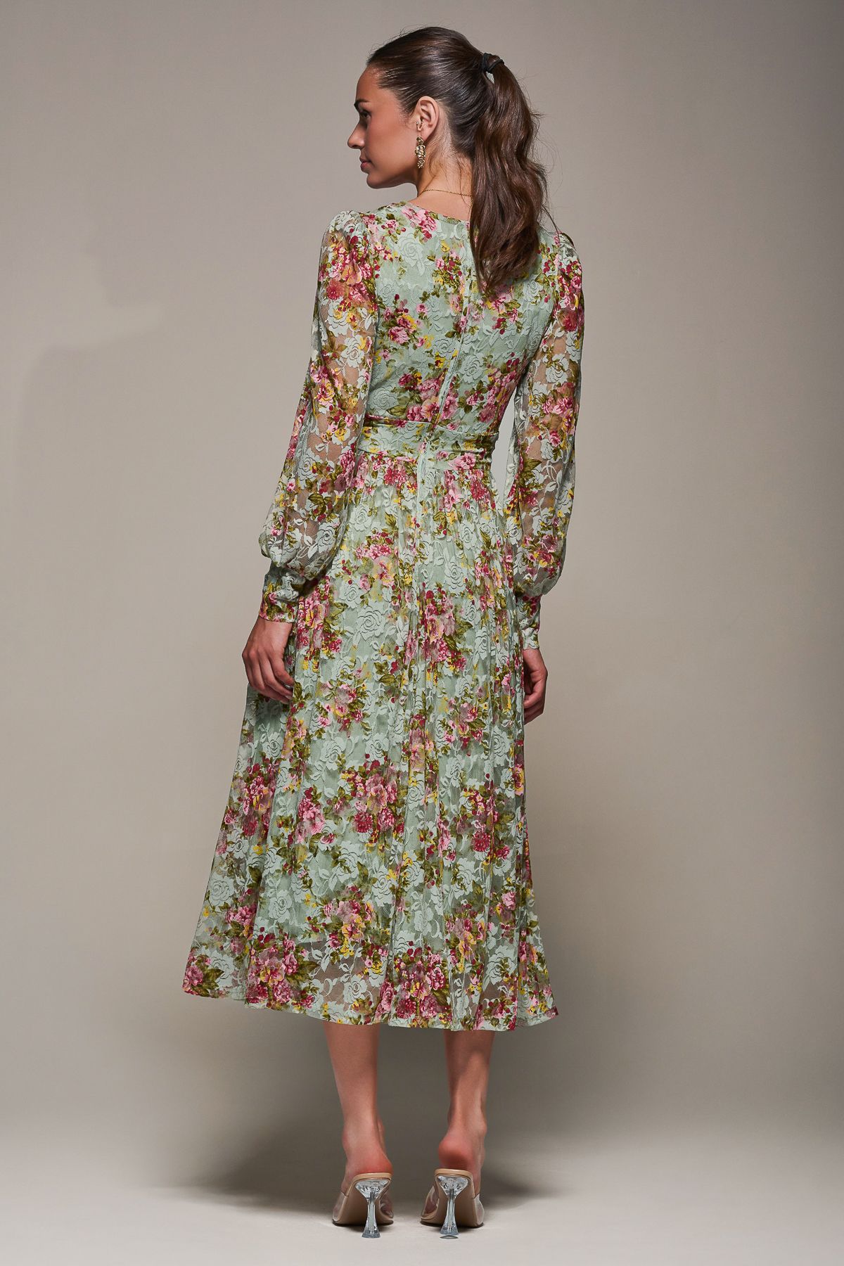 Jolie Moi Long Sleeve Printed Lace Maxi Dress
