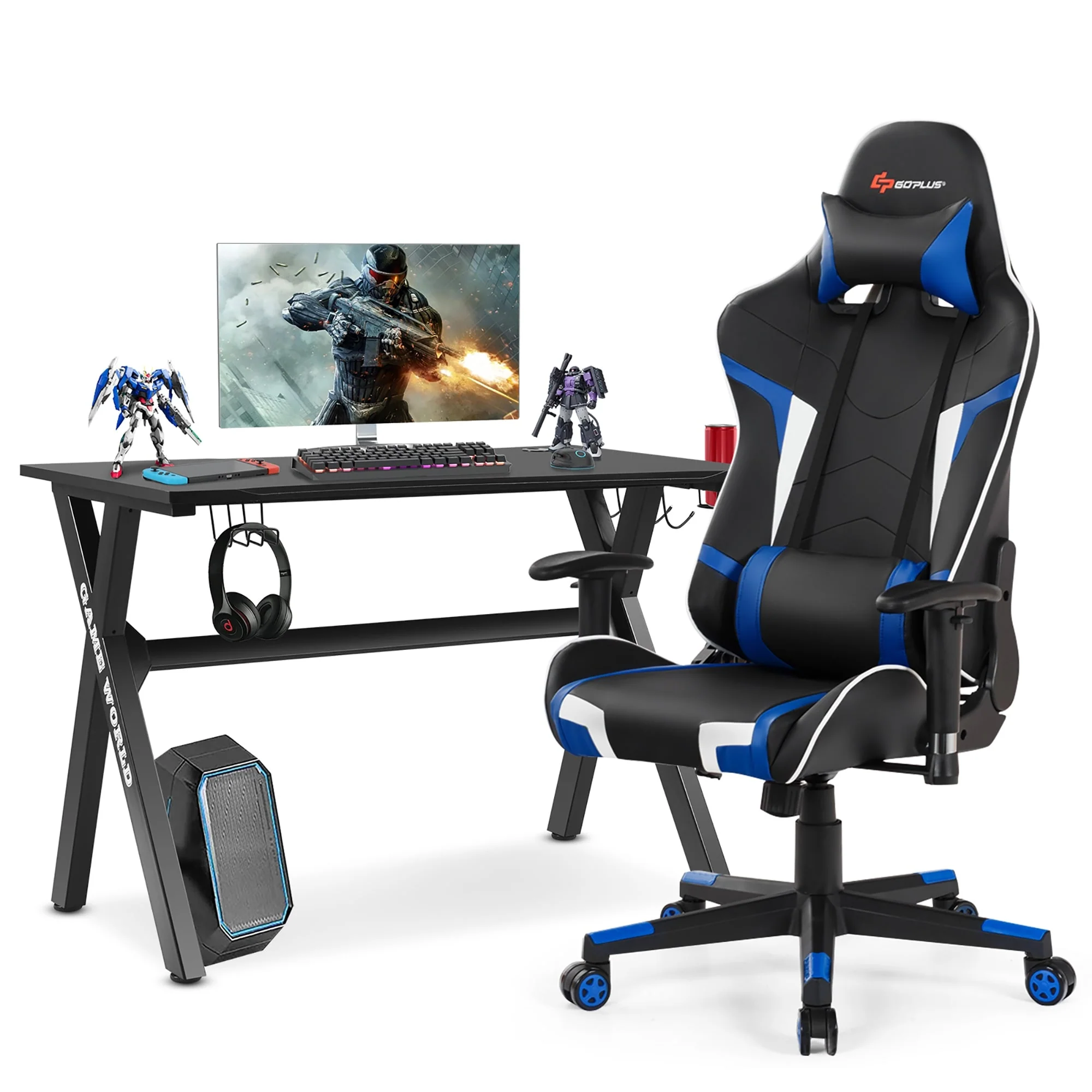 X-Shaped Gaming Desk & Racing Style Massage Chair Set Home Office