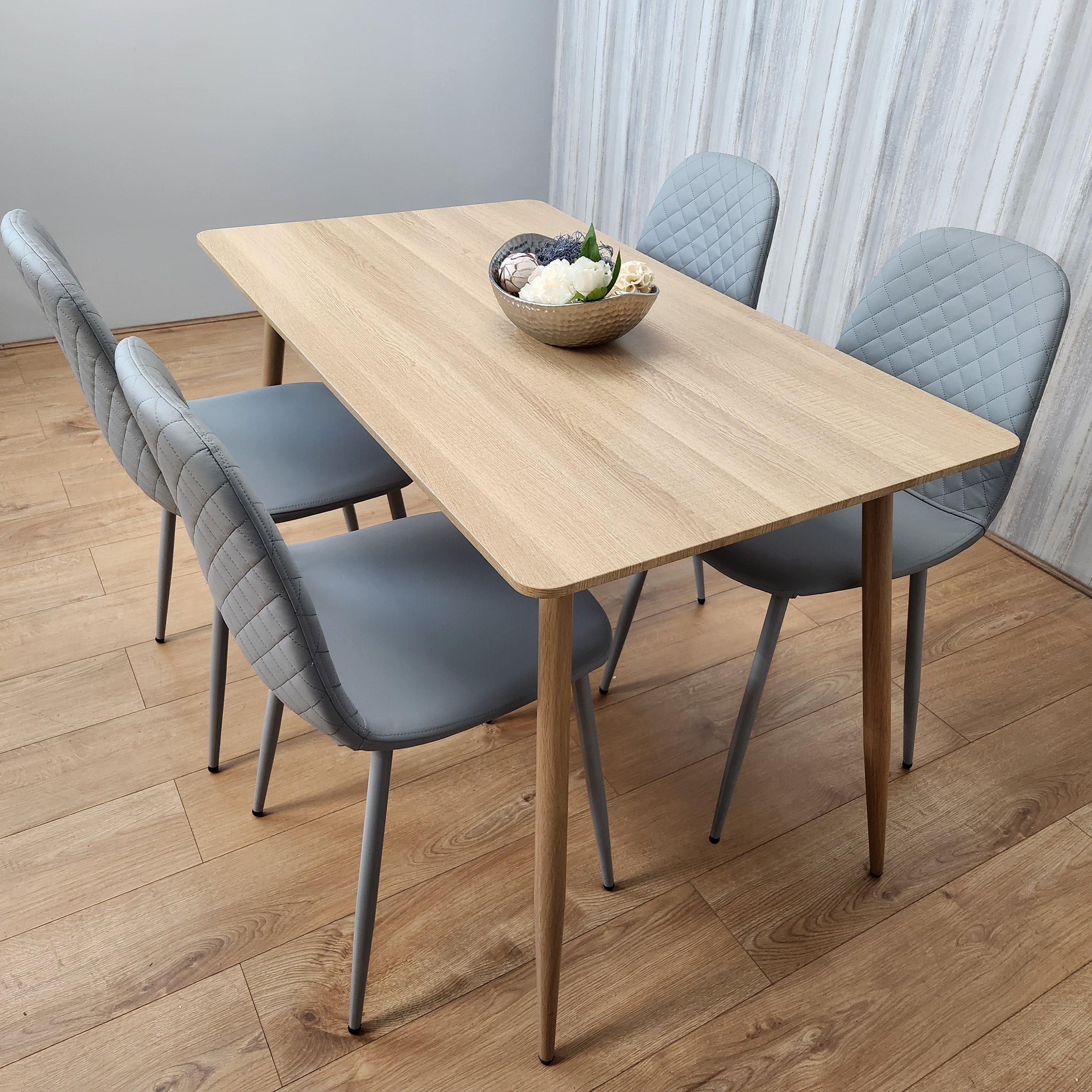 KOSY KOALA Rectangle Oak Effect Kitchen Dining Table With 4 Grey Faux Leather Padded Chairs Dining Set