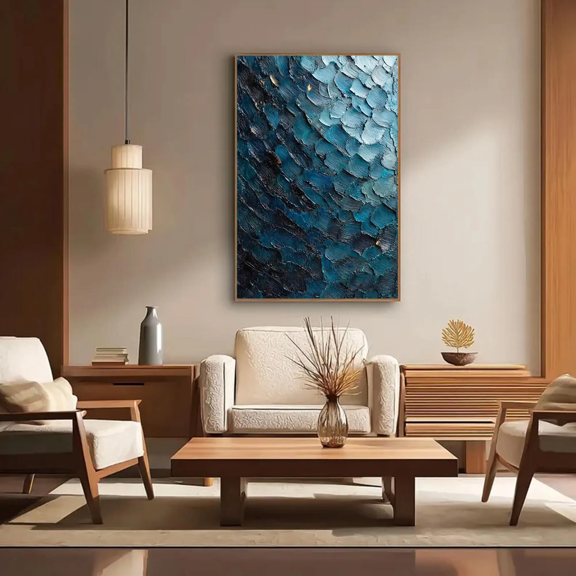 Original Textured Oil Painting on Canvas, Textured Abstract Oil Painting,Dark Blue Cyan Painting, Large Wall Art,High-end Home Decor