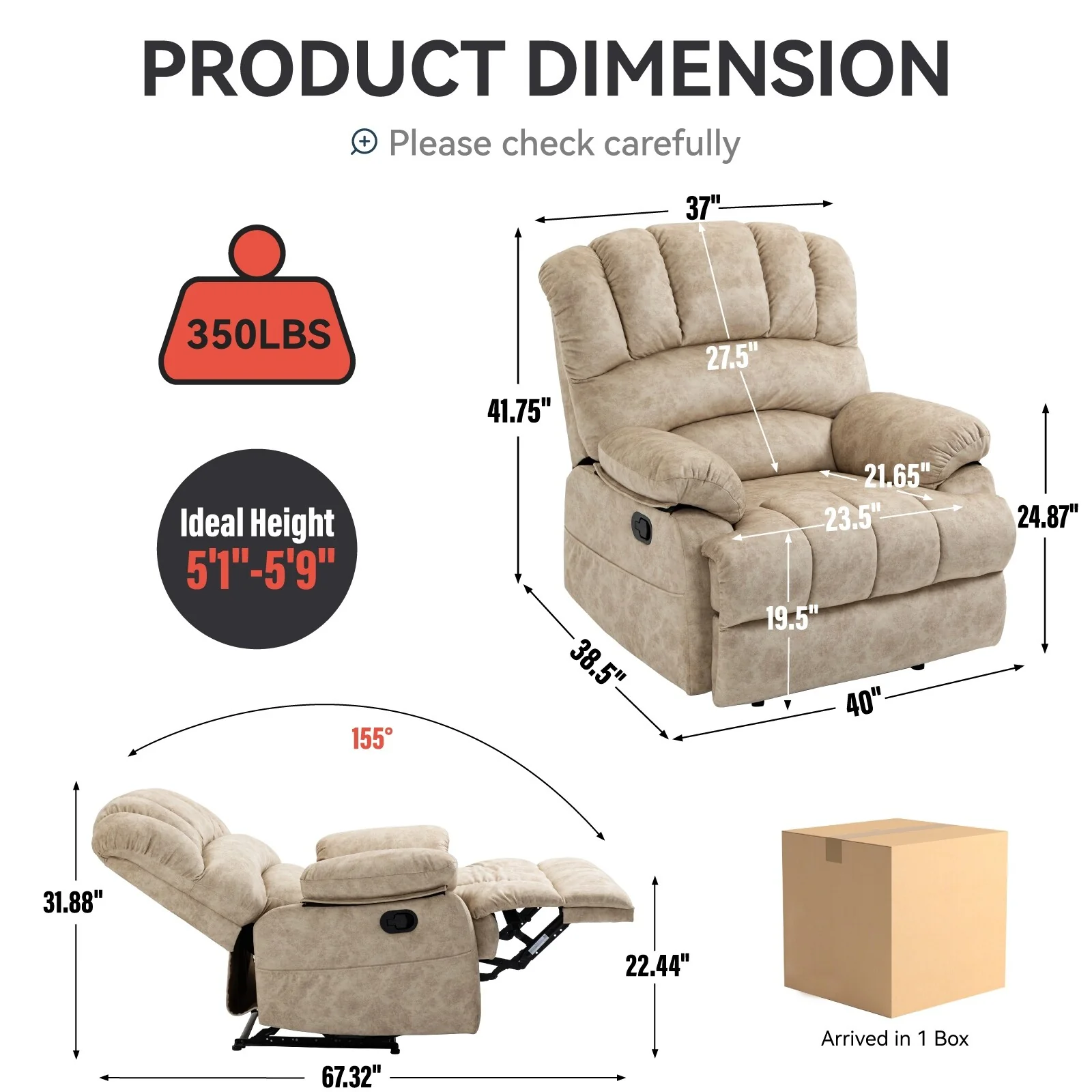 Beige Oversized Fabric Recliner Chair with Manual Recline