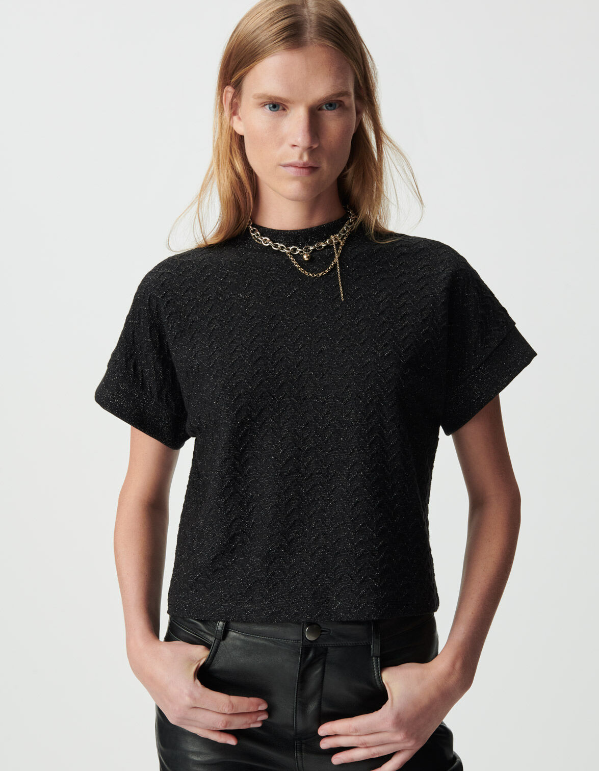 Tee-shirt manches courtes noir lurex maille ajourée Femme