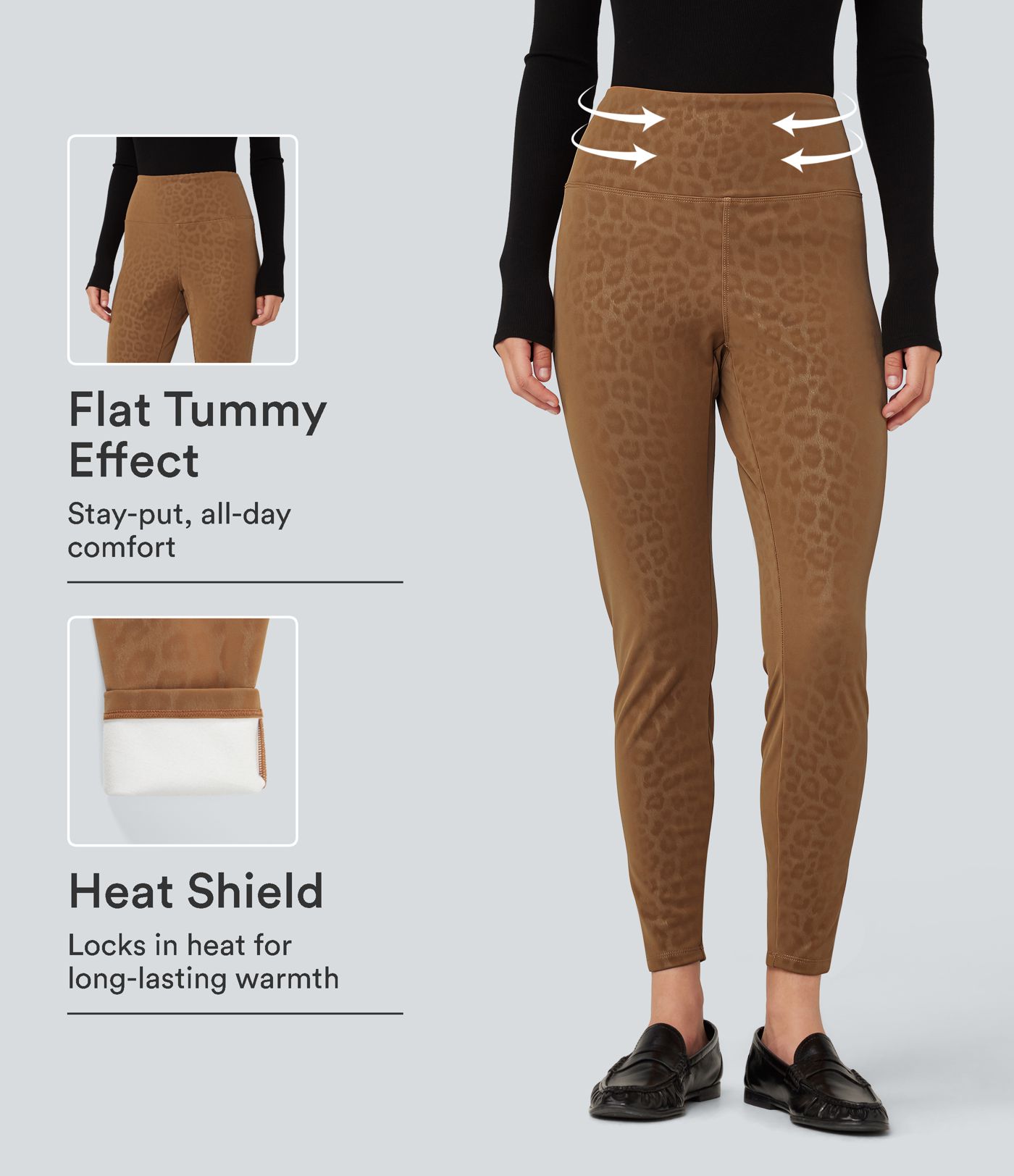 Legging taille haute gainant en simili stretch imprimé léopard doublé polaire avec poches