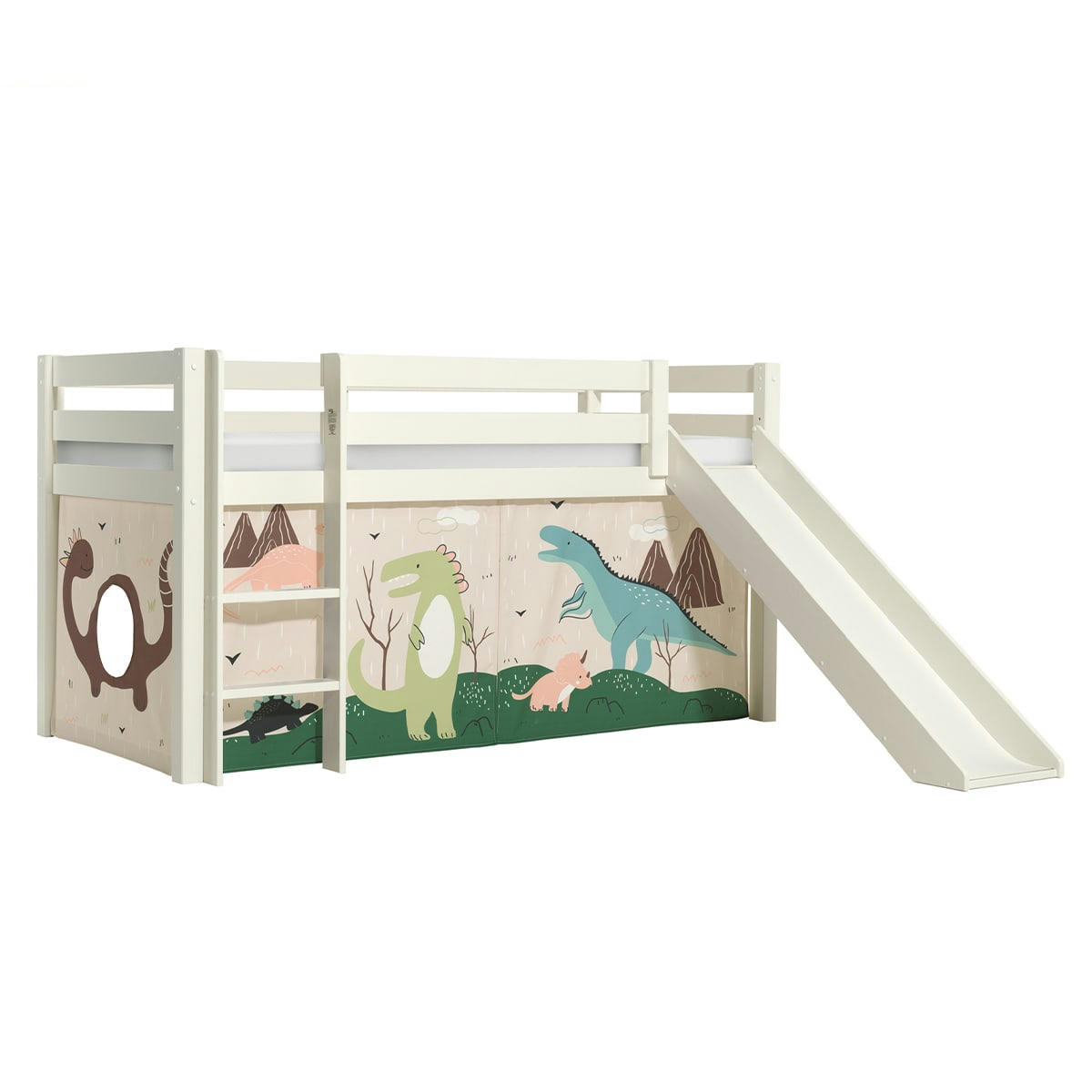 PINO - Lit mi-hauteur 90x200 toboggan sommier inclus housse dino blanc