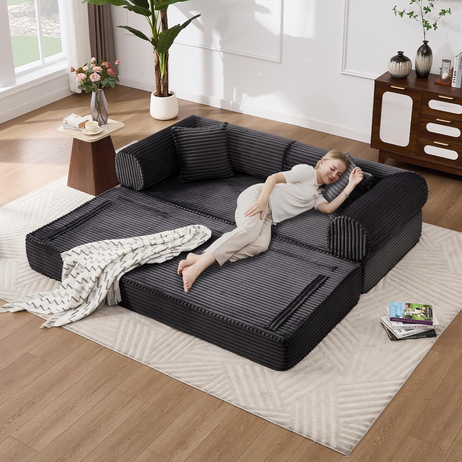 Tbfit 79'' Convertible Sofa Bed, Oversized Corduroy Folding Boneless Couch, Futon Mattress Sleeper Sofa, Comfy Foldable Upholstered Floor Couches for Living Room, Black