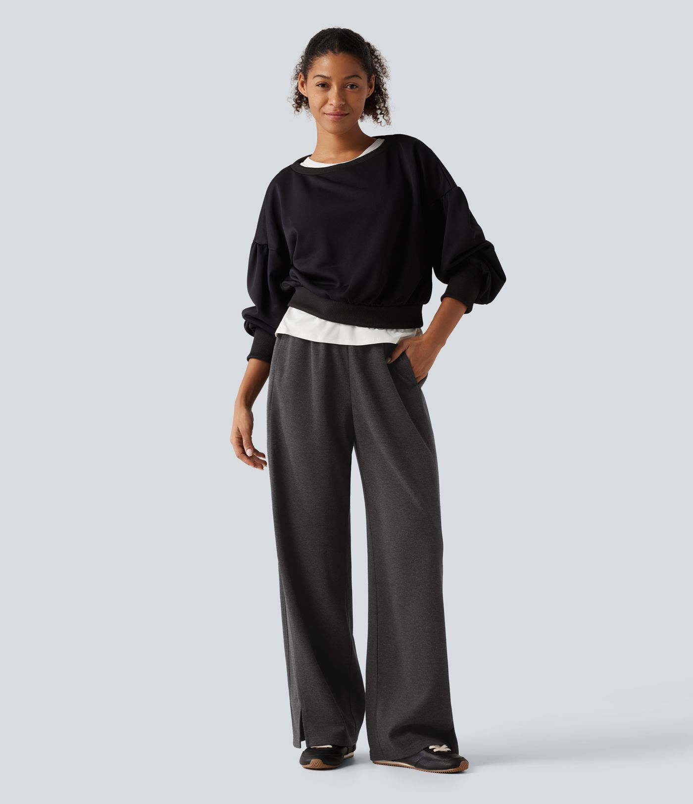 Pantalon droit taille haute à cordon avec poches