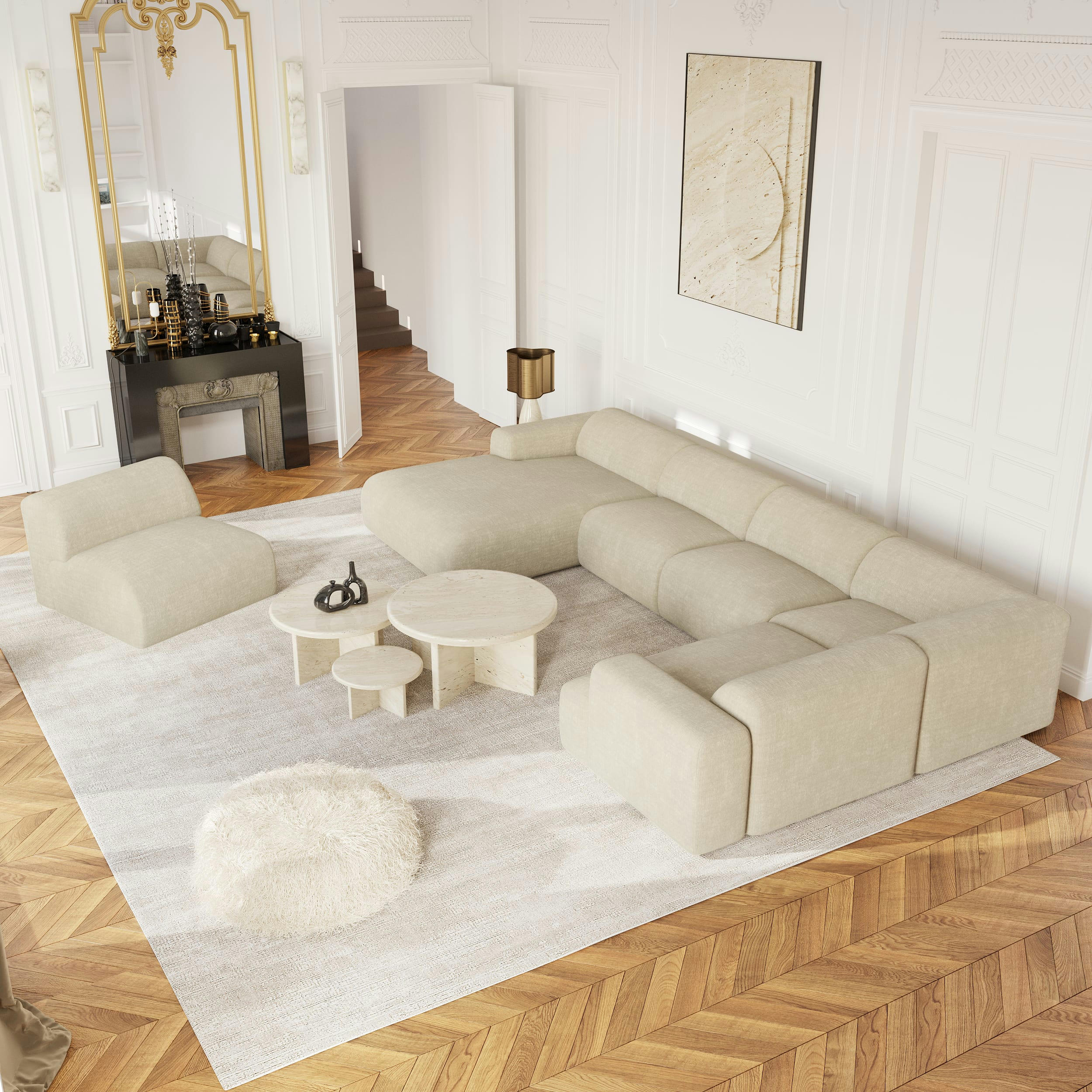 MYRA - Canapé panoramique gauche velours texturé crème