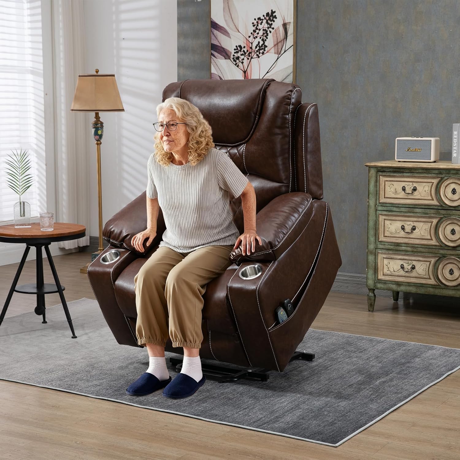 Oversized Power Lift Recliner Chair 400 LBS for Big and Tall Elderly, 26 Extra Wide Zero Gravity Electirc Recliner Chair with Massage and Heating, Leather Home Theater Seat, Brown
