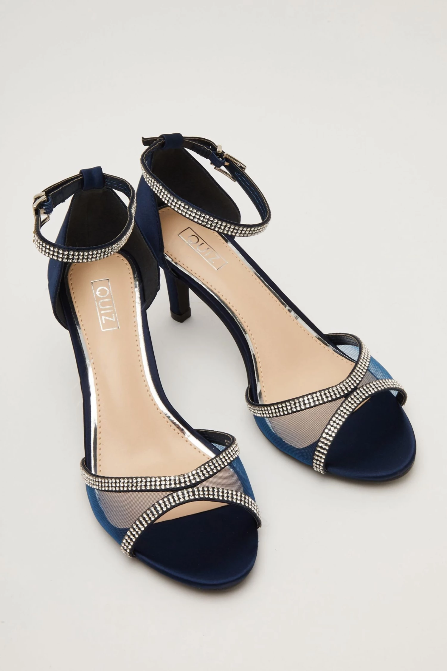 Quiz Blue Satin Mesh Front Diamante Low Heel Sandals