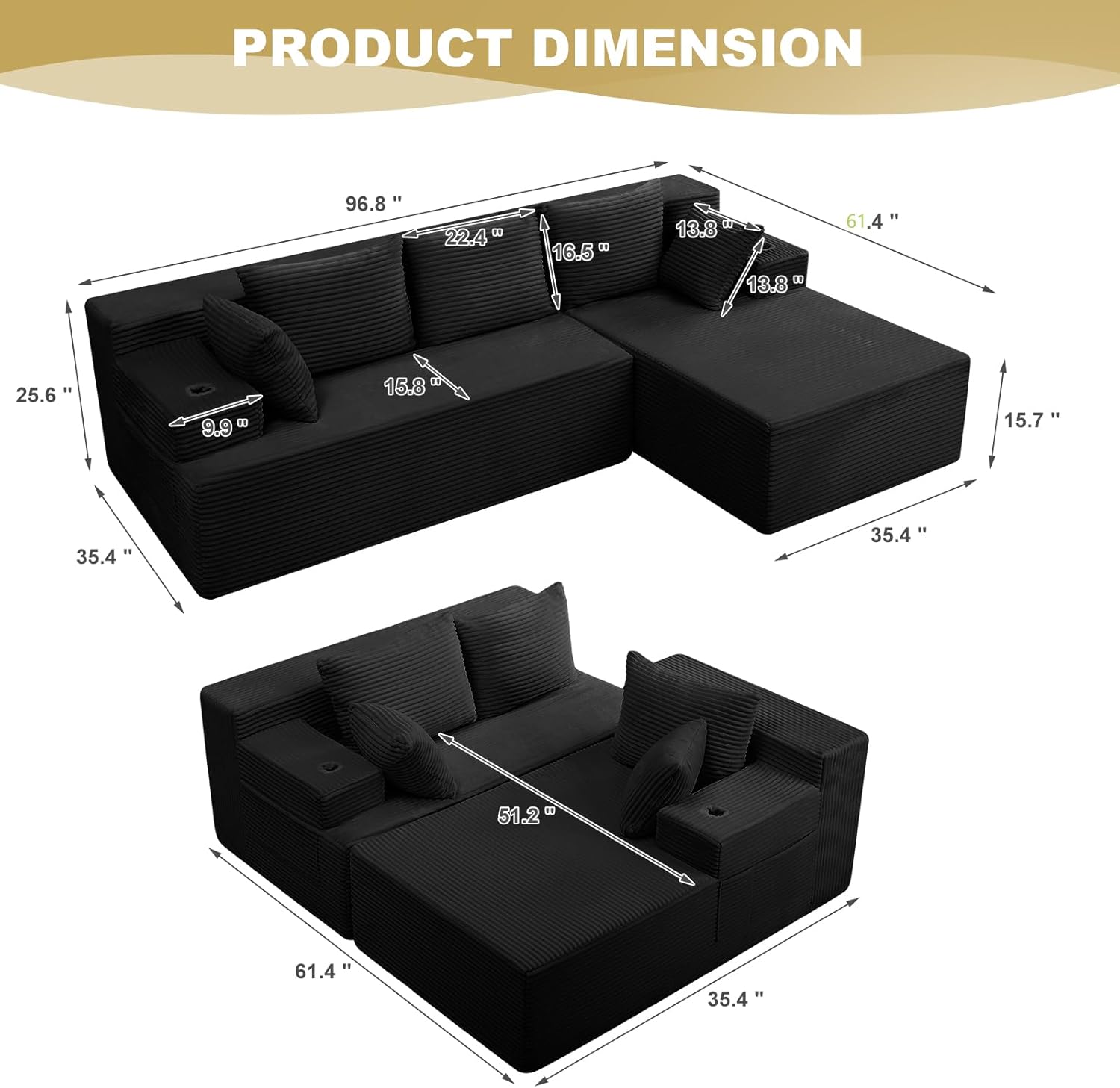 96.8 Boneless Couch Cloud Modular Sectional Sofa with L Shaped Chaise, Modern Corduroy Upholstered Deep Seat Couches Lounge with 5 Pillows for Living Room Bedroom(Black, Stripe, Right Facing Chaise)