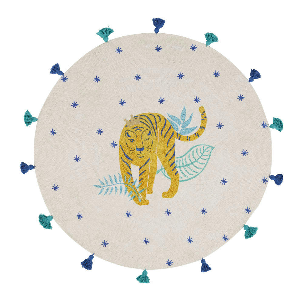- Tapis rond à imprimé tigre et pompons en coton