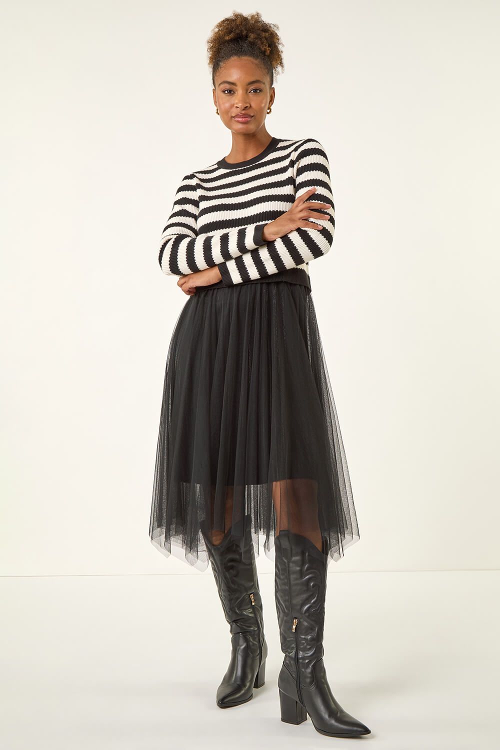 Roman Stripe Print Mesh Midi Dress