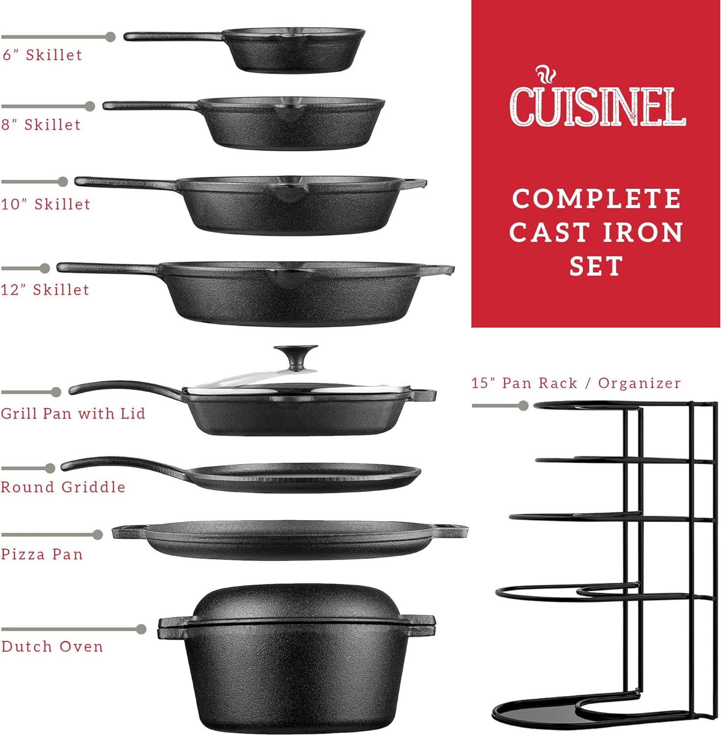 Cuisinel Cast Iron Cookware 18-Piece Set - Pre-Seasoned 6 + 8 + 10 + 12 Skillet + Grill Pan+Lid + Griddle + Pizza Pan + Dutch Oven+Pan Cover + Panrack + Silicone Handle Grips + Pan Scraper/Cleaner