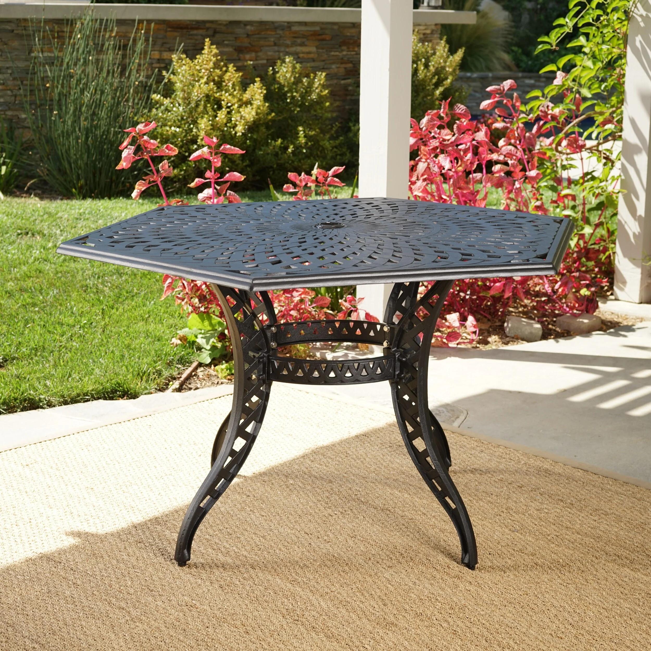 Roomfitters Hexagonal Cast Aluminum Patio Dining Table with Intricate Lattice Design, Umbrella Hole, Bronze