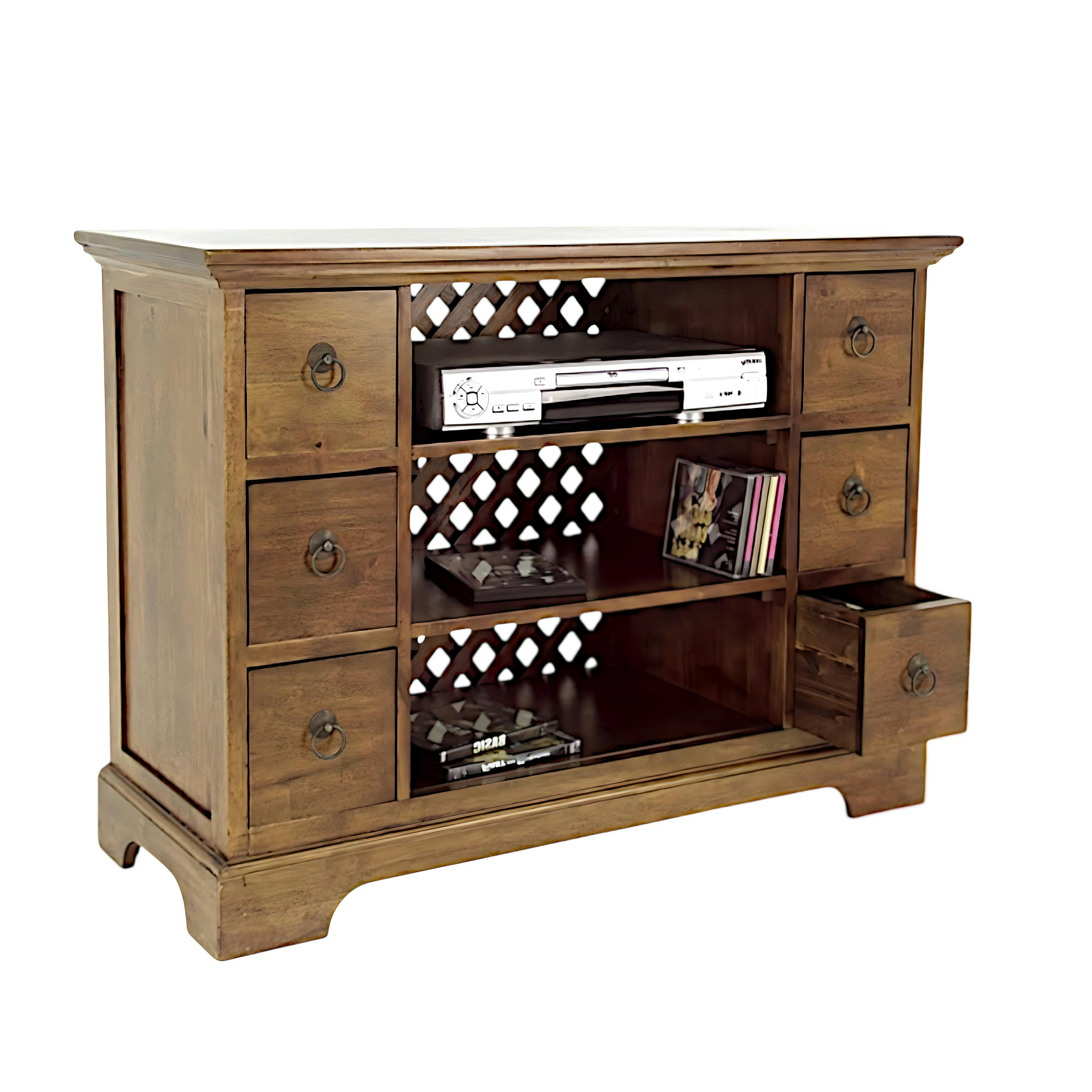 Meuble TV Hévéa 6 tiroirs, 3 niches, fond ajouré effet croisé 98x39x72.6cm MAORI