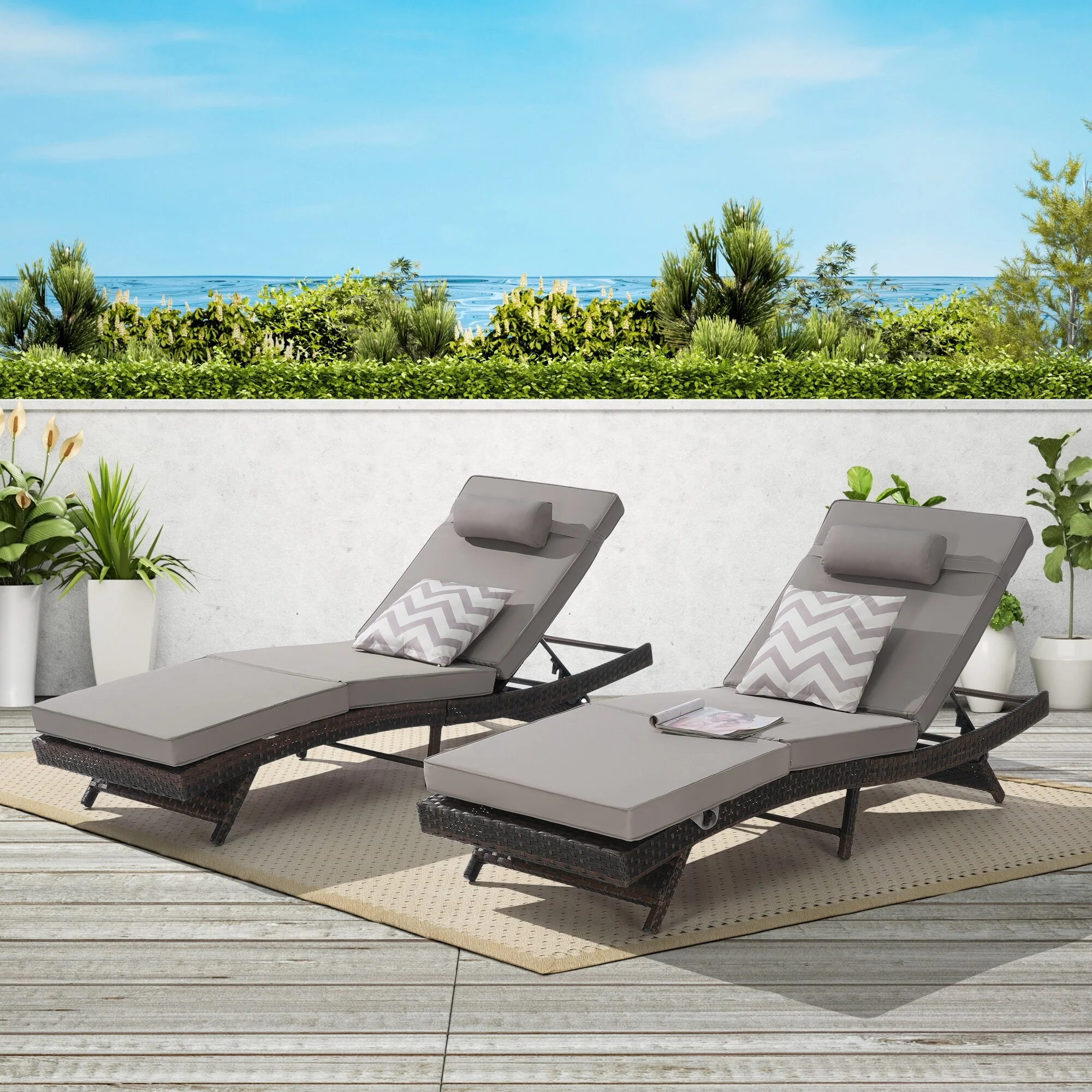Outdoor Wicker Long Reclining Chair Set of 2, Wicker Reclining Lounge Chair Lawn Sunbathing Chairs for Beach Poolside Garden