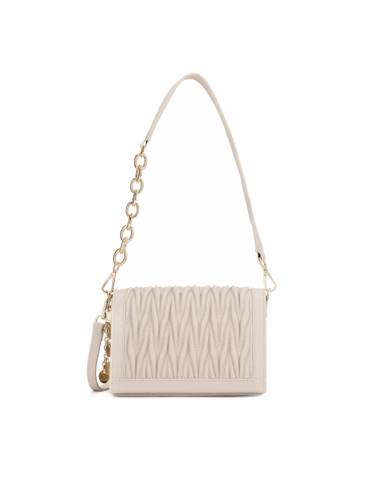 Leather handbag with decorative draping on the flap