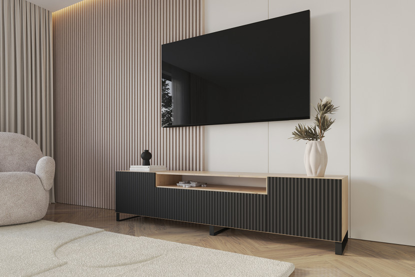 Szafka RTV z frezowanymi frontami stojąca NOA-2-S - 200x53x41 cm -Czarny