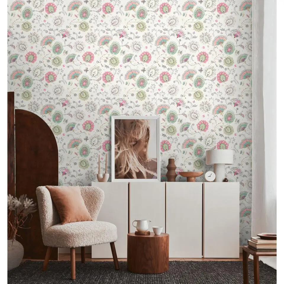 Livingwalls behang bloemmotief wit, roze en groen - 53 cm x 10.05 m