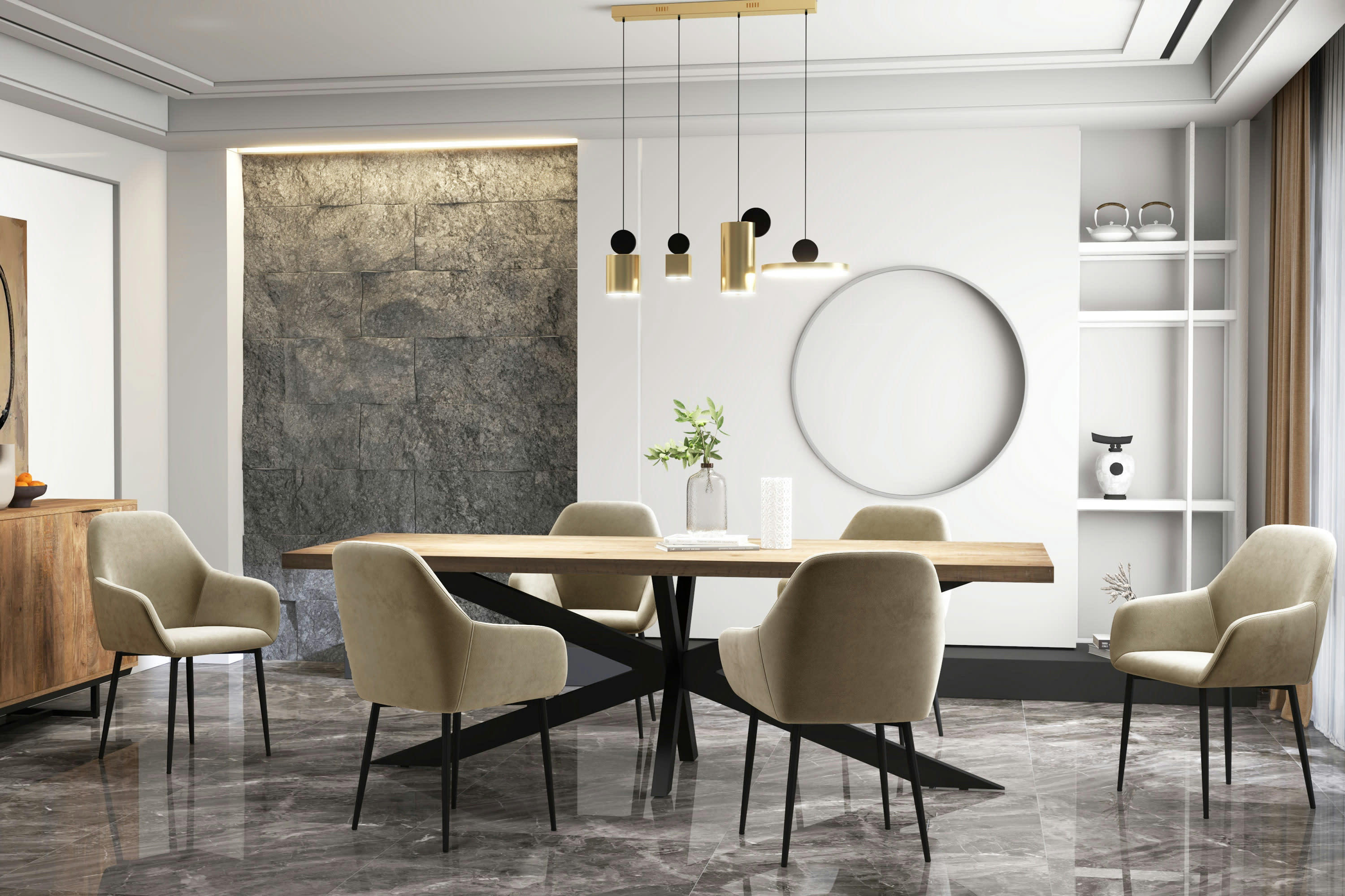 GABIN - Fauteuil de table en Velours Taupe et métal noir (x4)