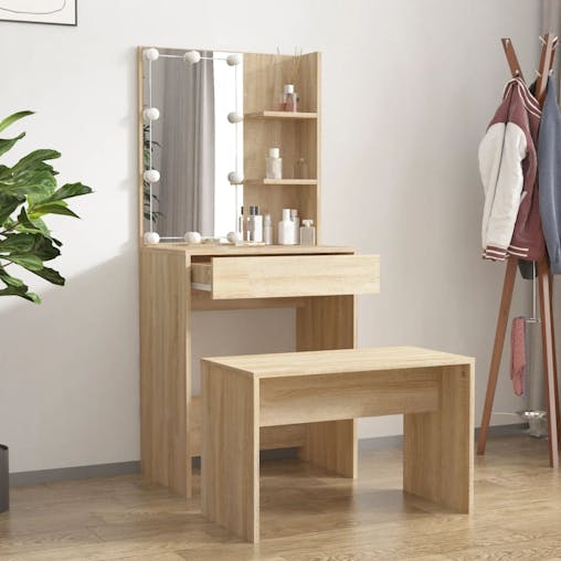 NNEVL Dressing Table Set with LED Sonoma Oak Engineered Wood